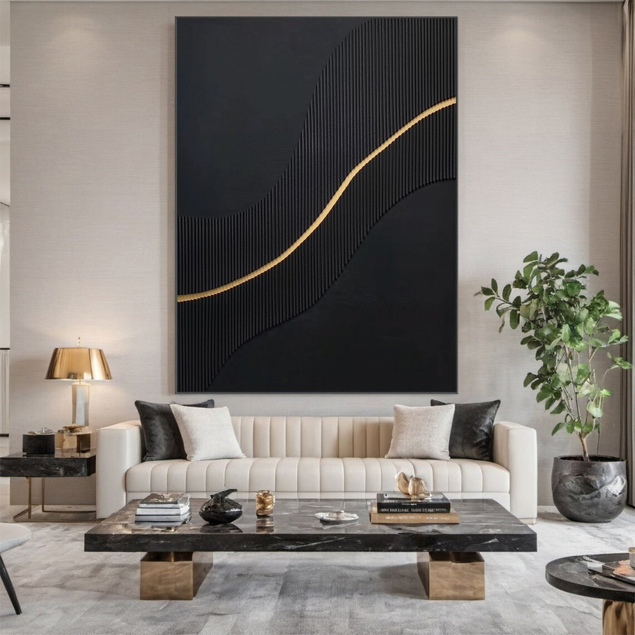 Luxury Waves Black and Gold Abstract Canvas Art #BM 081