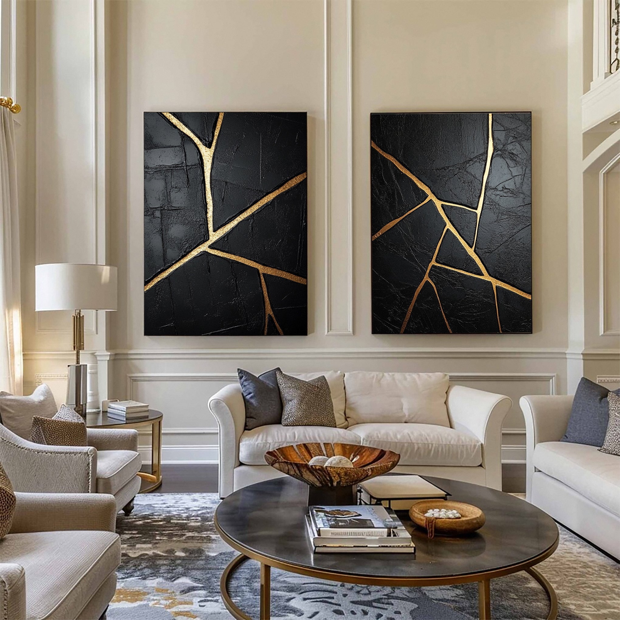 Modern Black and Gold Textured Painting for Elegant Home Interiors Set Of 2 #BMS 003