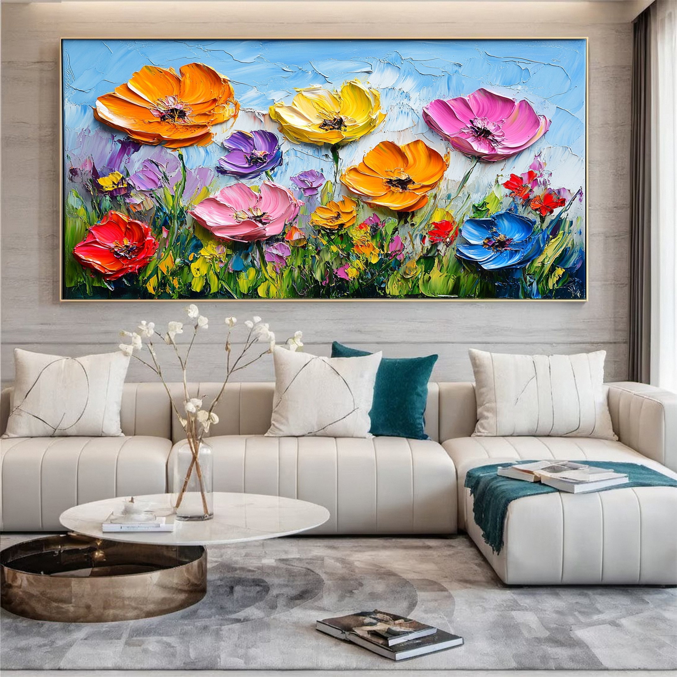 Colorful Lotus Blossom Canvas Art Hand-Painted Floral Wall Decor #FT 049