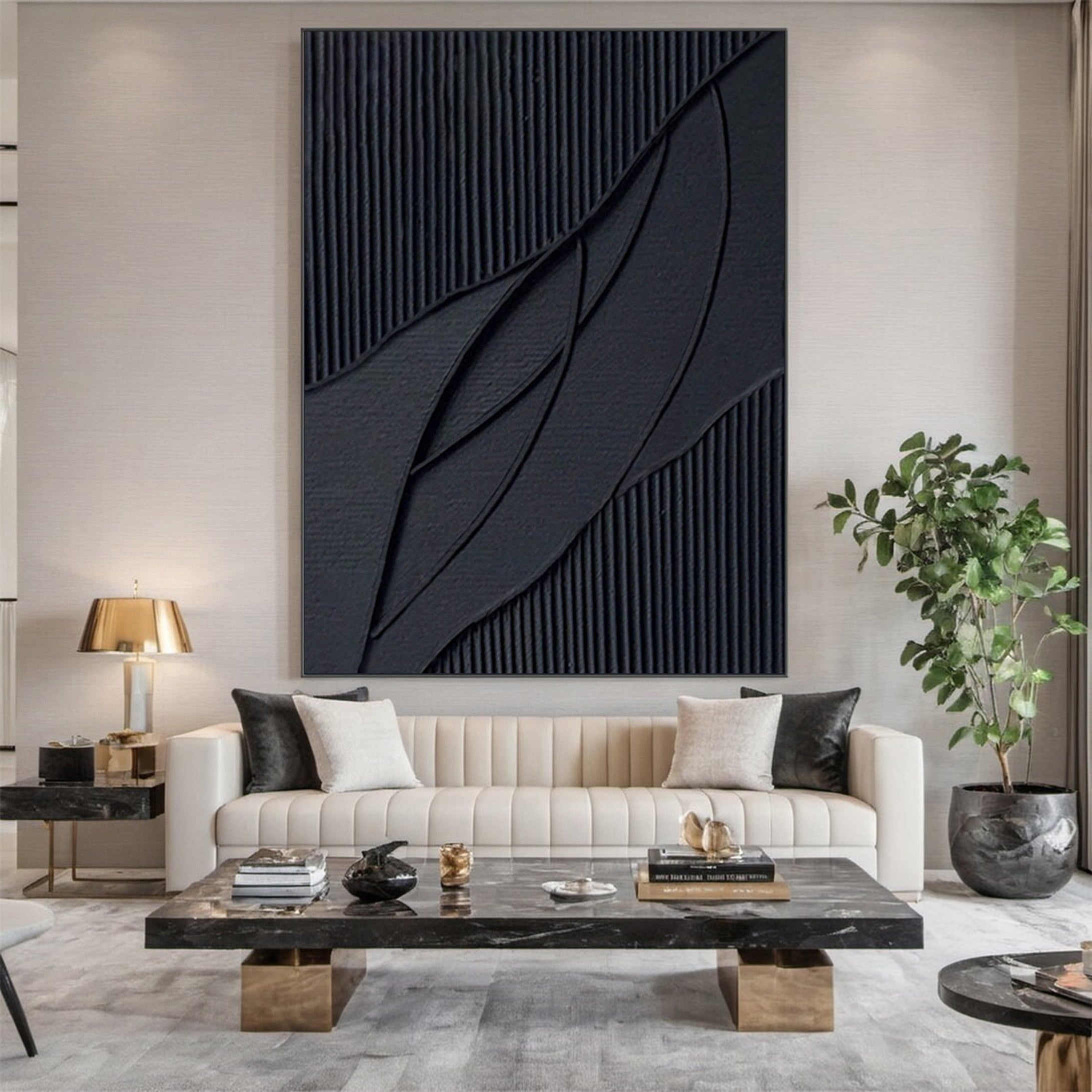 Elegant Black Abstract Sculpture Paintin Textured Canvas Art #BM 070