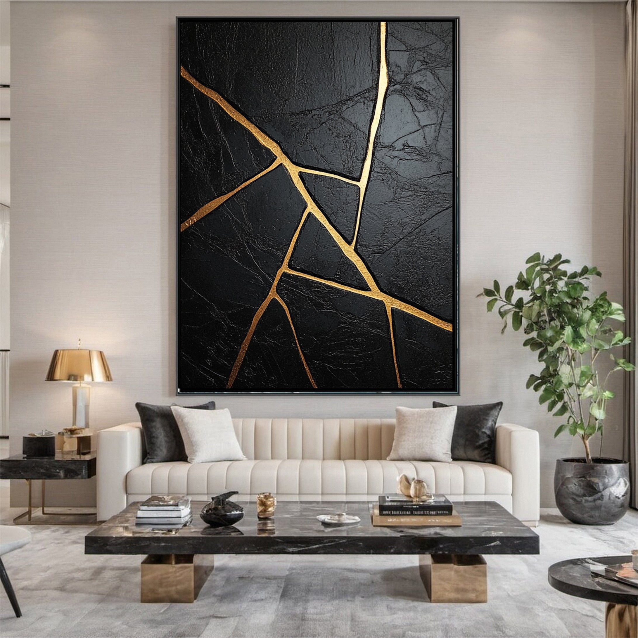 Modern Black and Gold Textured Painting for Elegant Home Interiors #BM 061