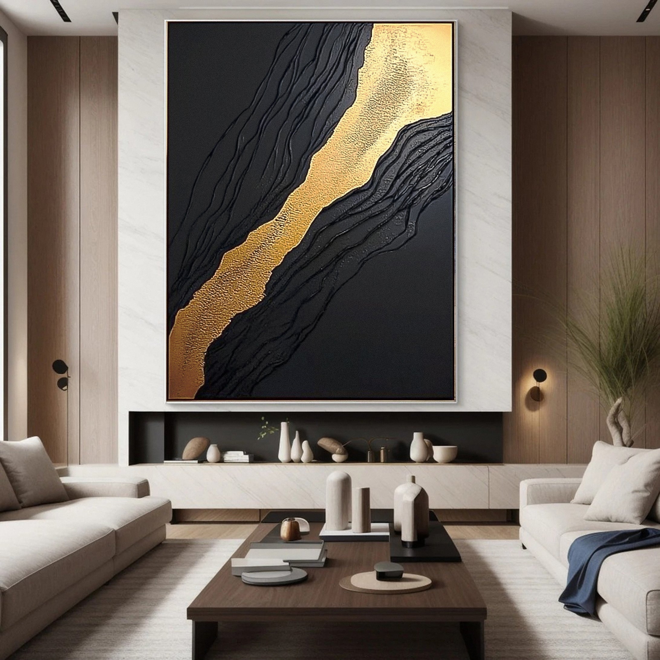 Luxury Waves Black and Gold Abstract Canvas Art #BM 083