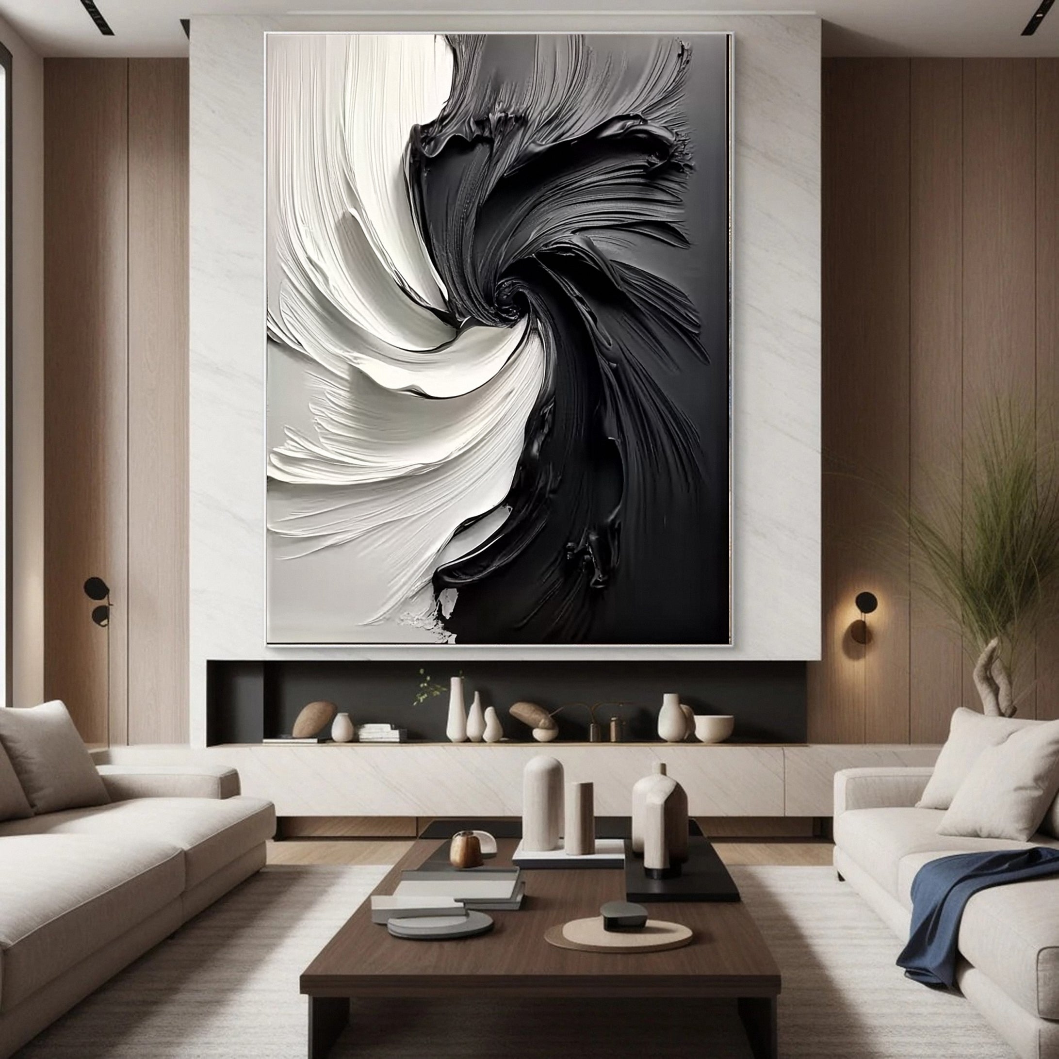 Large Black & White Abstract Textured Canvas Art #BM 092