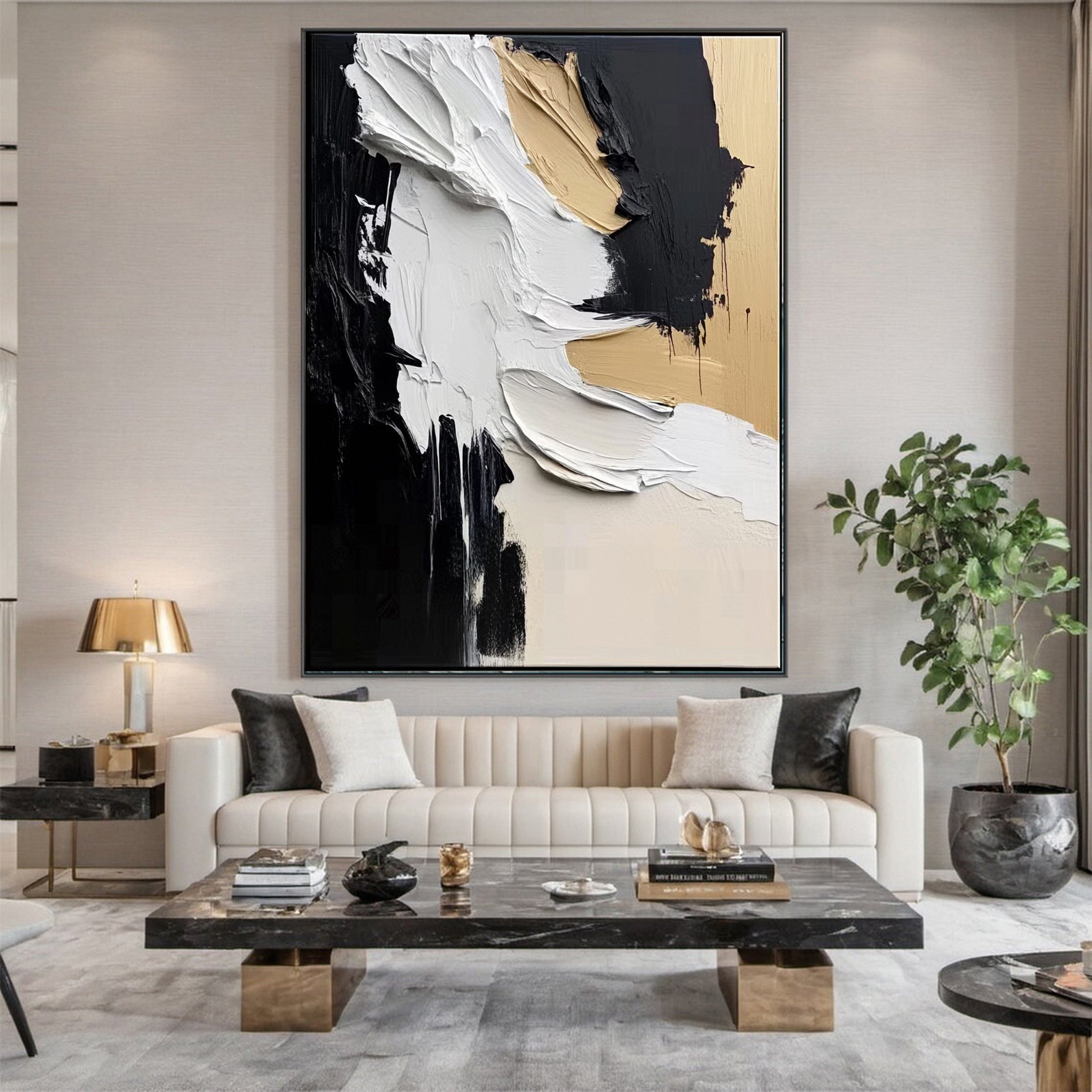 Luxury Abstract Wall Art Chic Black and Gold Brush Strokes #BBM 041