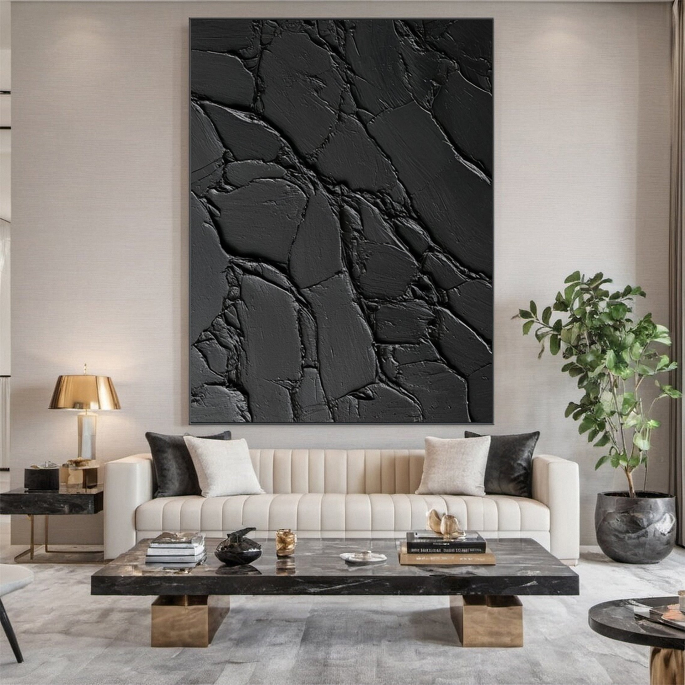 Elegant Black Abstract Sculpture Paintin Textured Canvas Art #BM 075