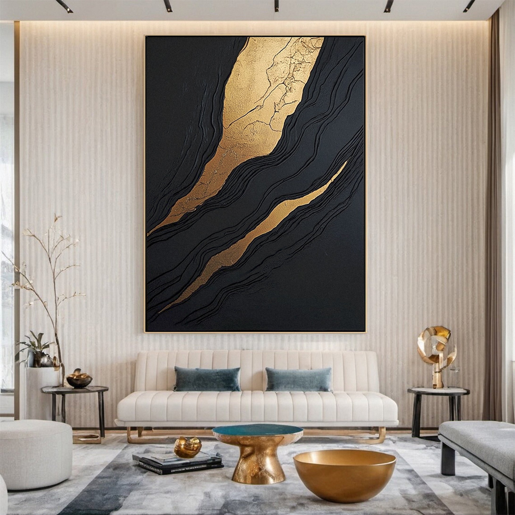 Luxury Waves Black and Gold Abstract Canvas Art #BM 084