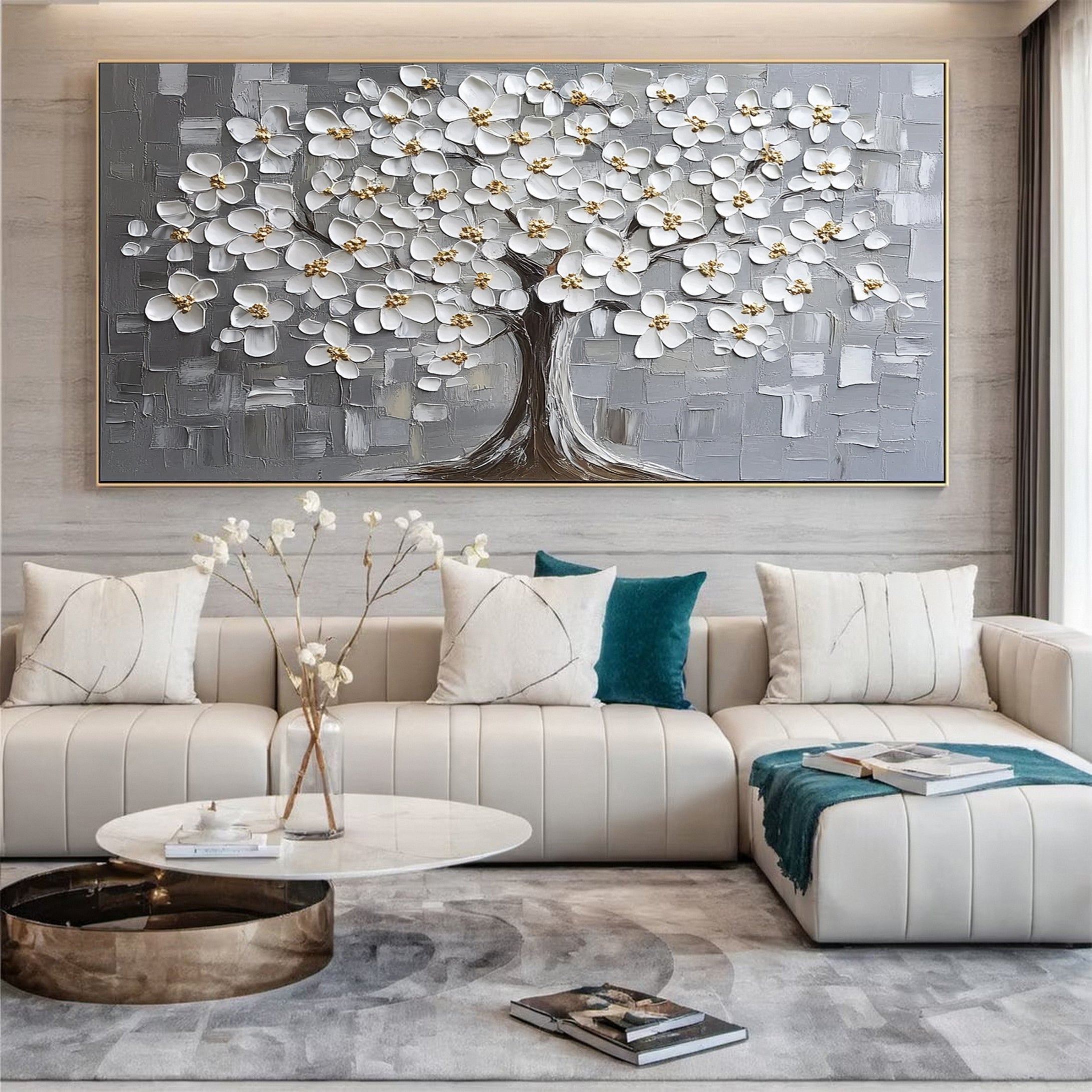 Serene Silver Blossom Tree Artwork - Elegant Living Room Decor #FT 063