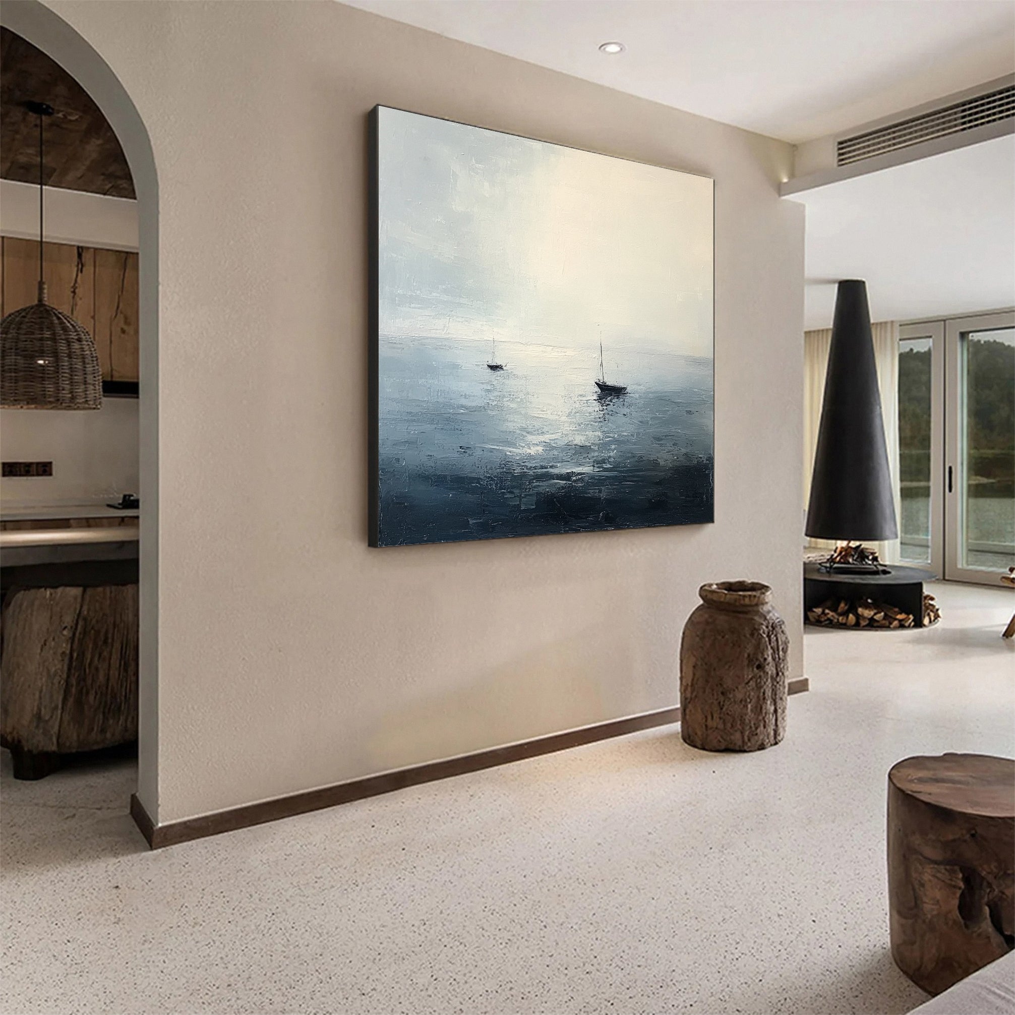 Oceanic Calm Distant Boats Painting for Relaxing Interiors #BBA 040