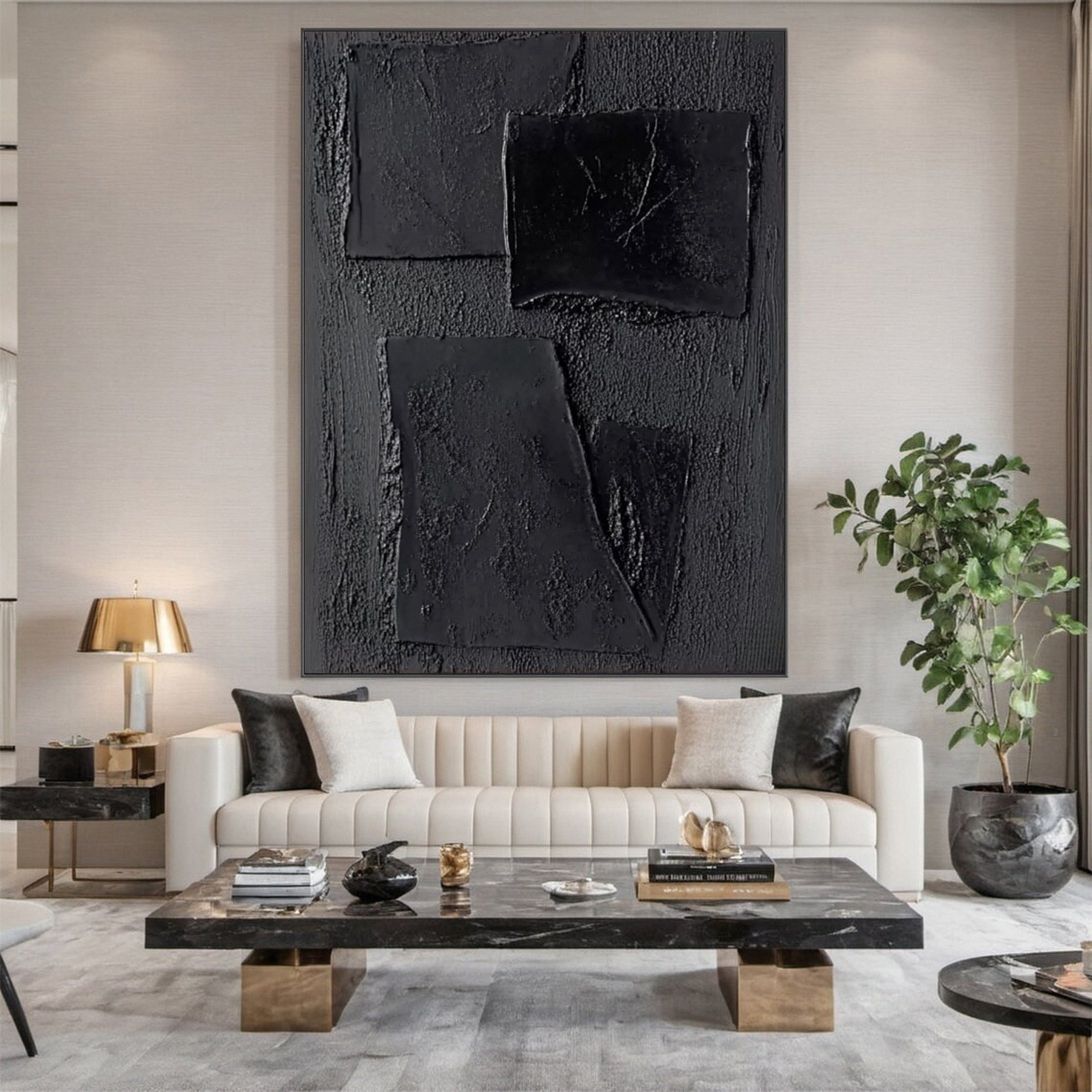 Elegant Black Abstract Sculpture Paintin Textured Canvas Art #BM 073