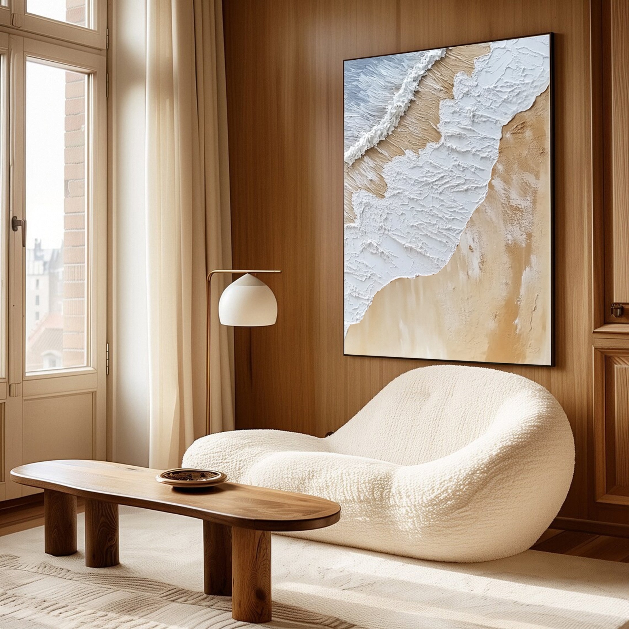 Luxurious Textured Abstract Canvas Art Gold and White Waves #OS 029