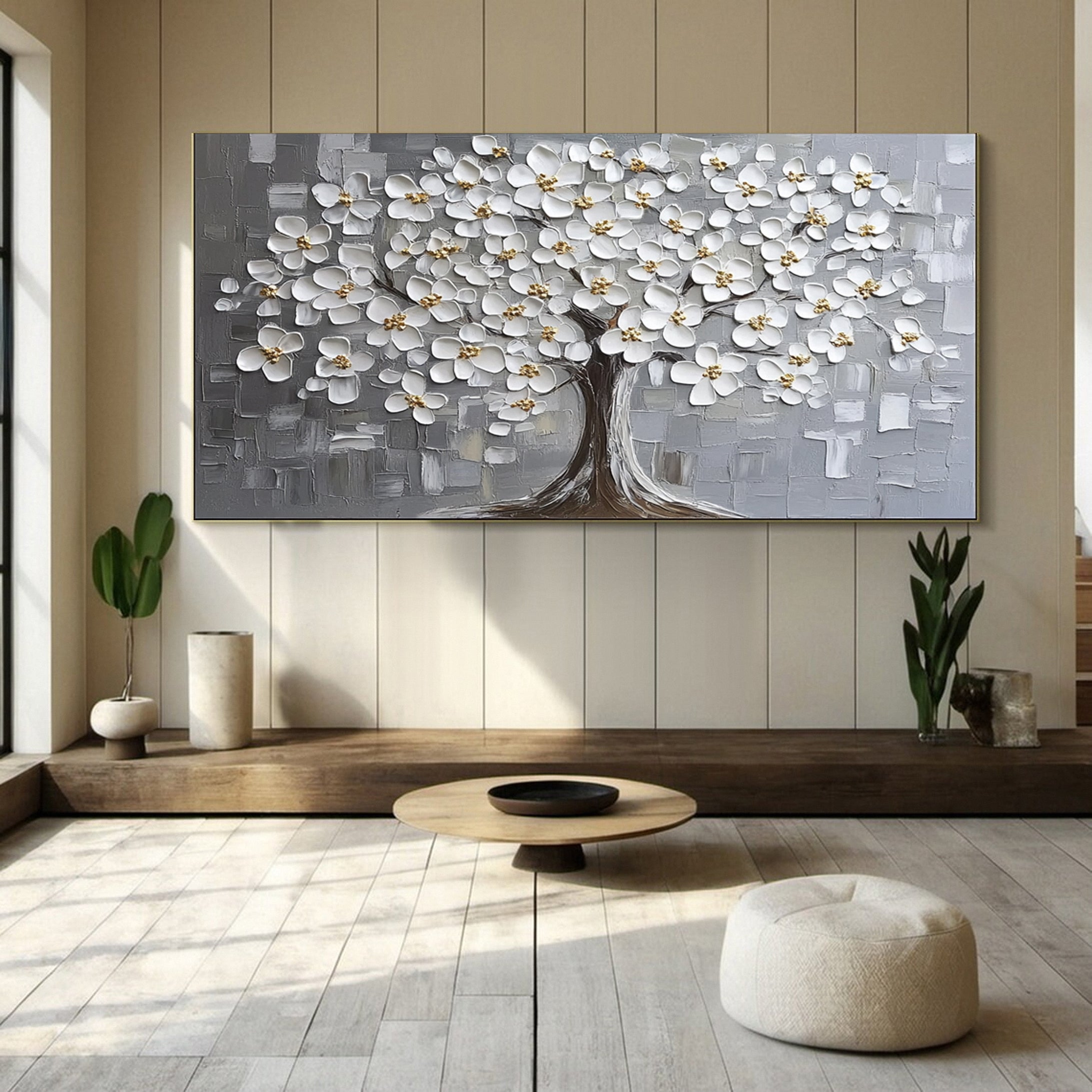 Serene Silver Blossom Tree Artwork - Elegant Living Room Decor #FT 063