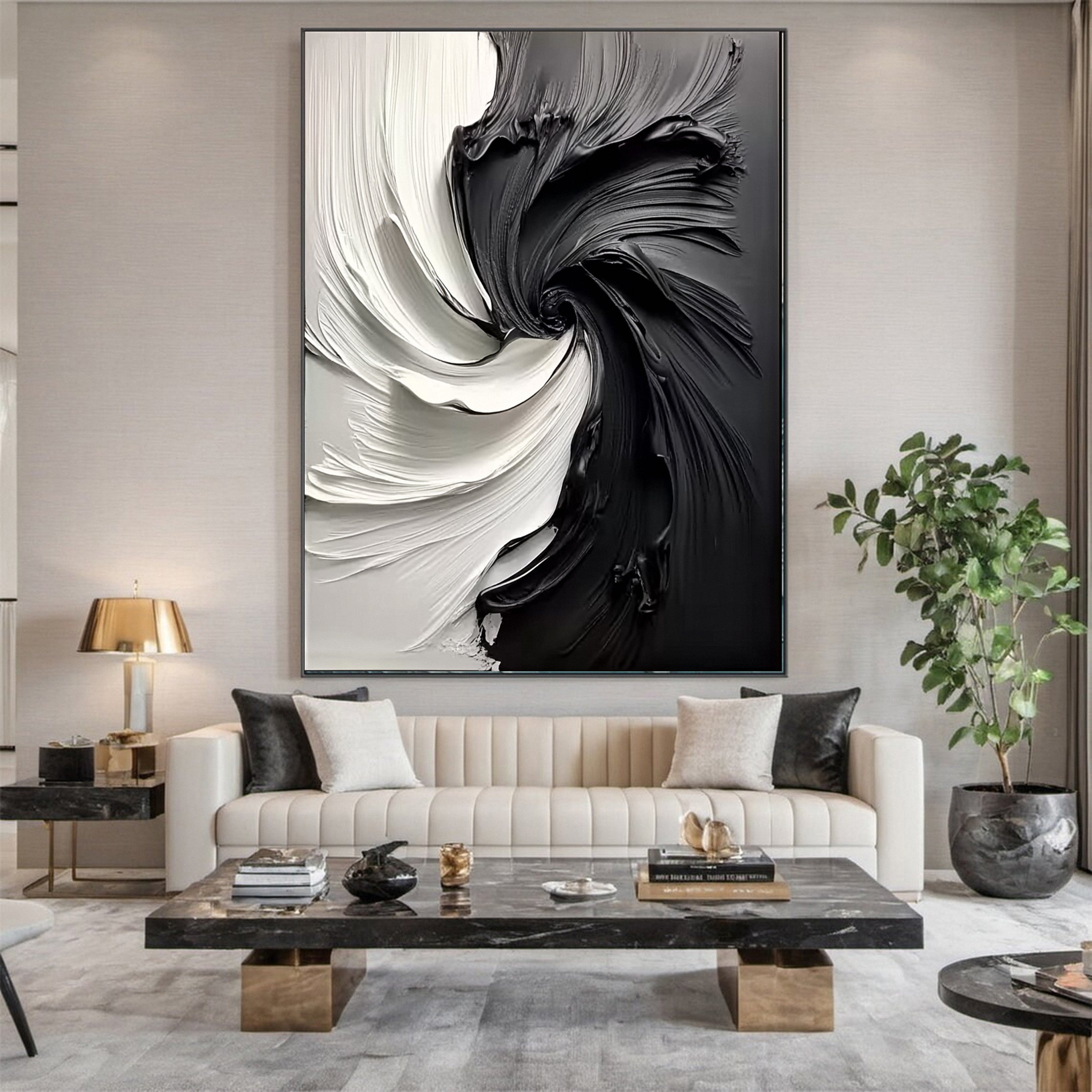 Large Black & White Abstract Textured Canvas Art #BM 092