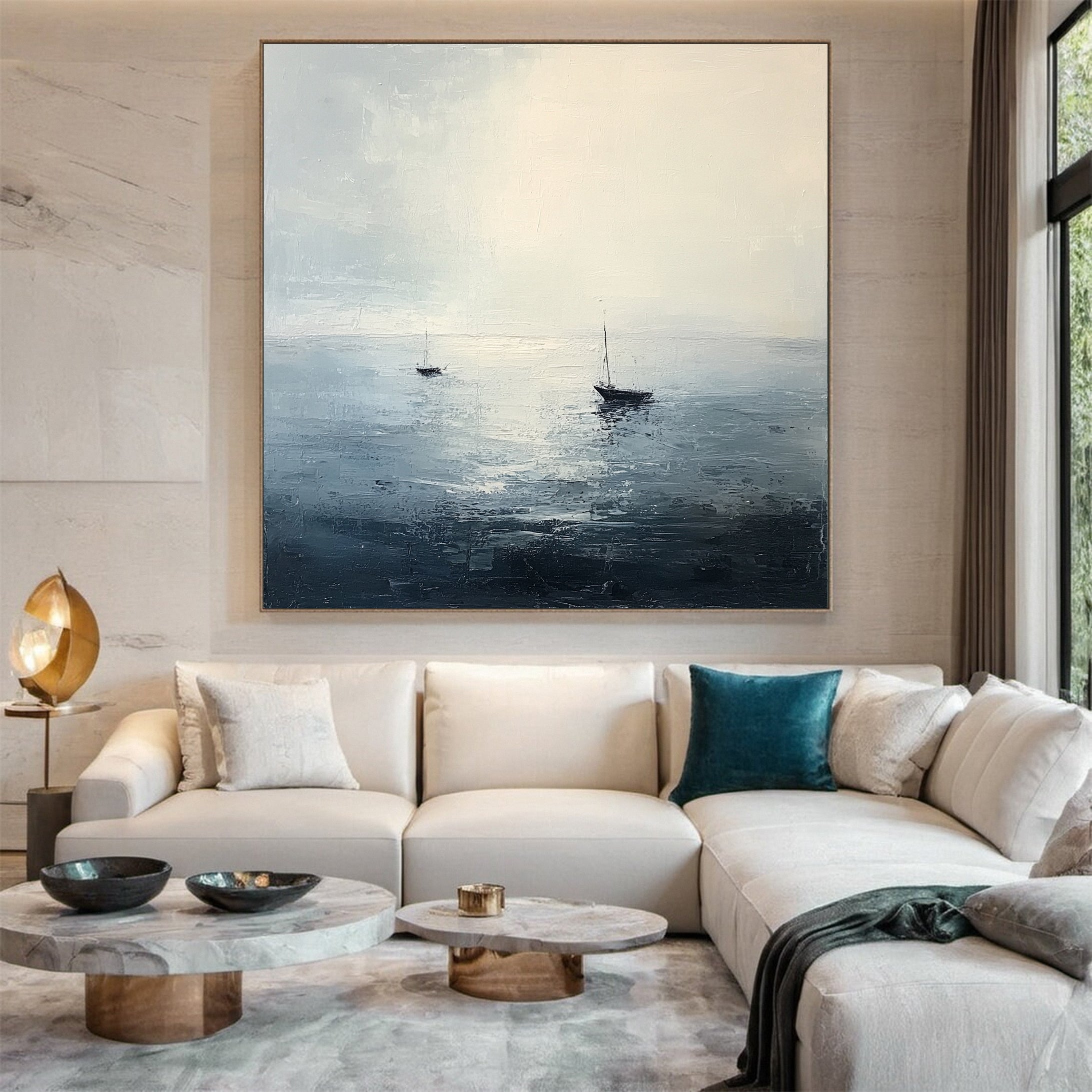 Oceanic Calm Distant Boats Painting for Relaxing Interiors #BBA 040