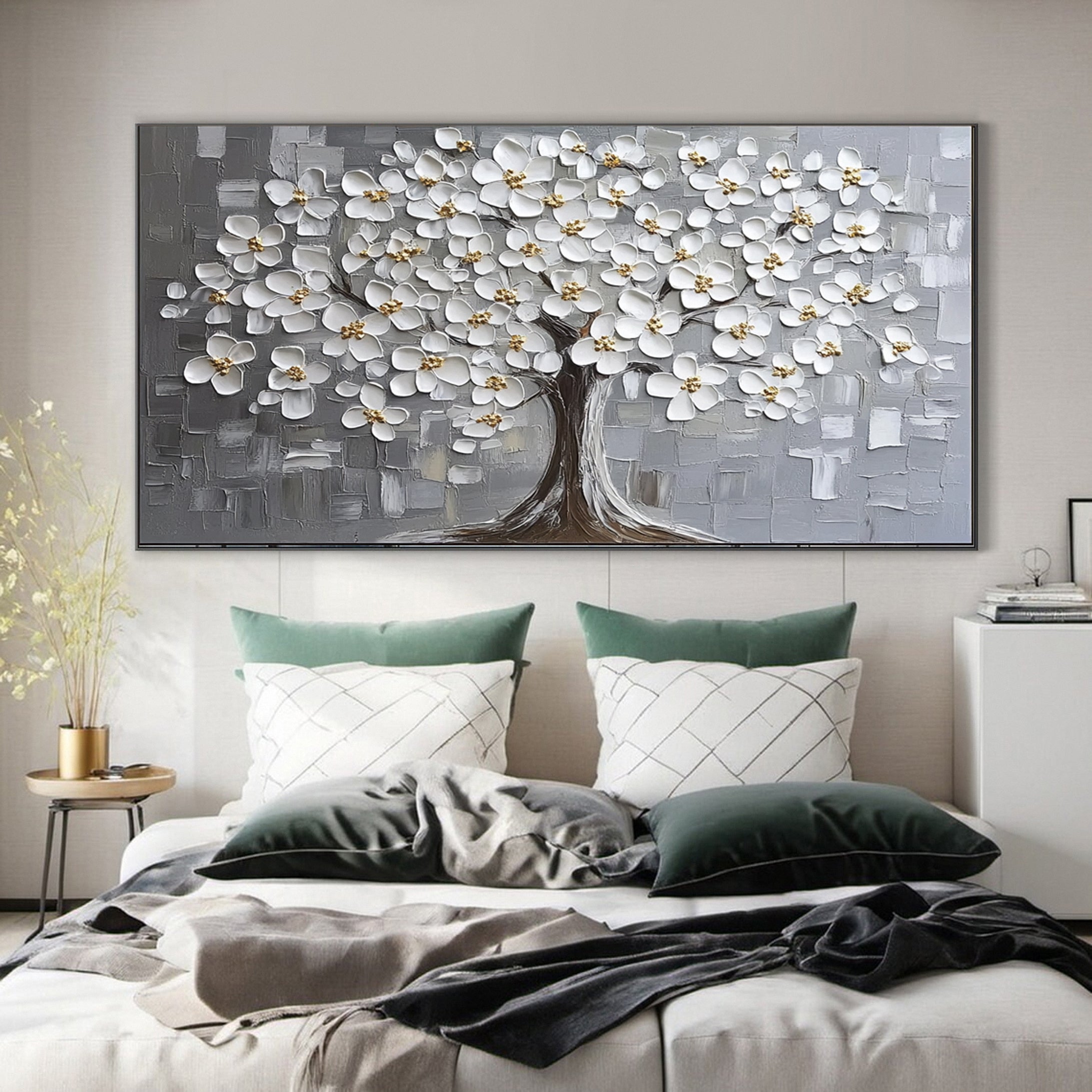 Serene Silver Blossom Tree Artwork - Elegant Living Room Decor #FT 063