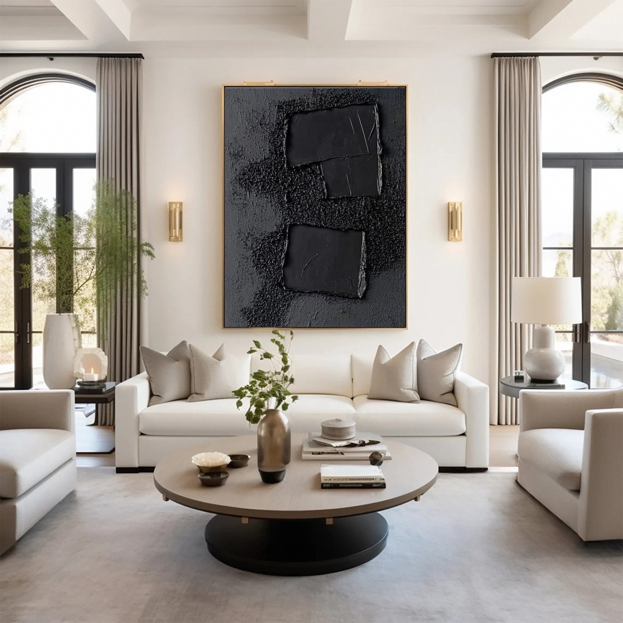 Elegant Black Abstract Sculpture Paintin Textured Canvas Art #BM 072