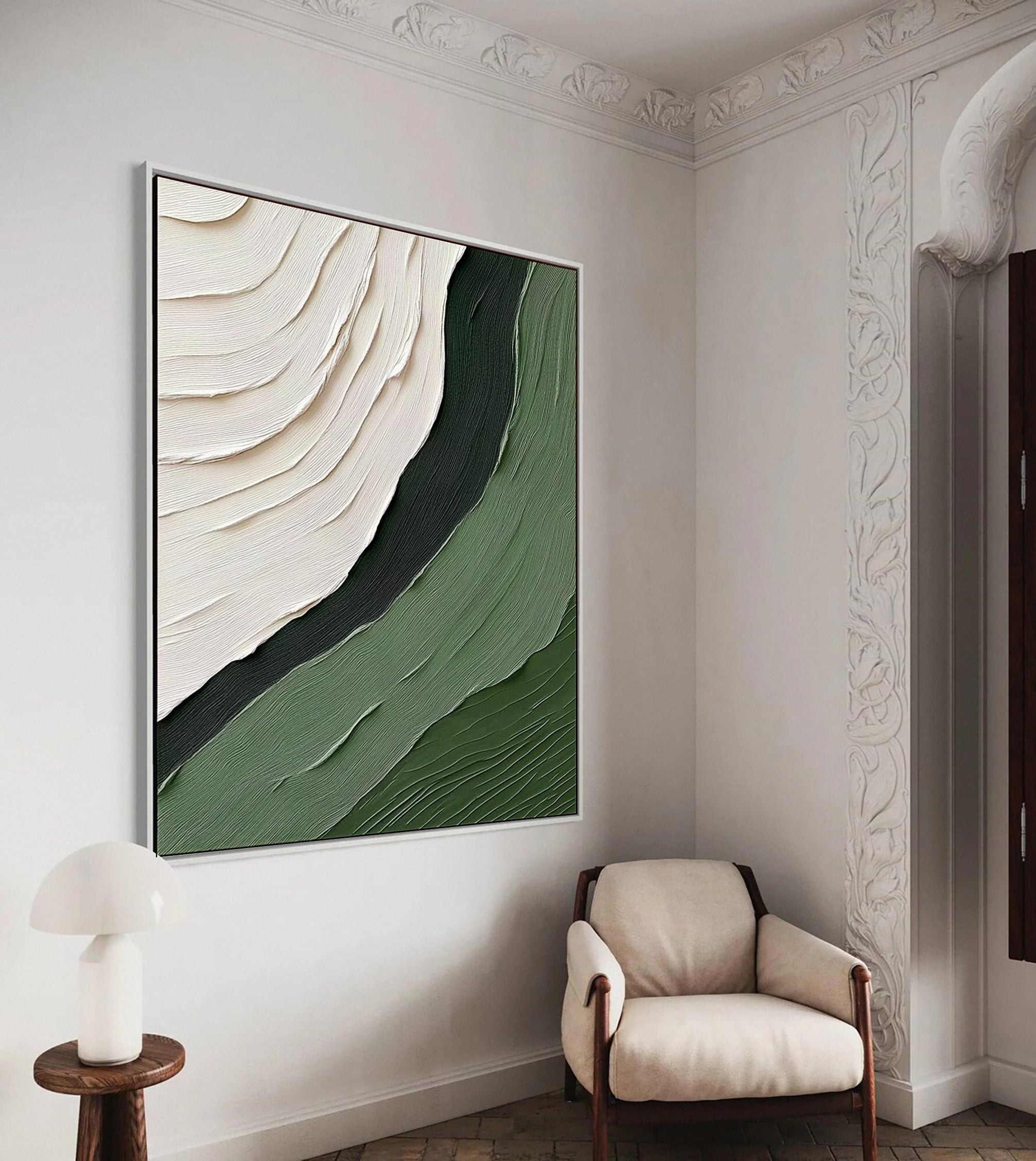 Serenity Swirls Abstract Green and White Textured Painting #BGM 039