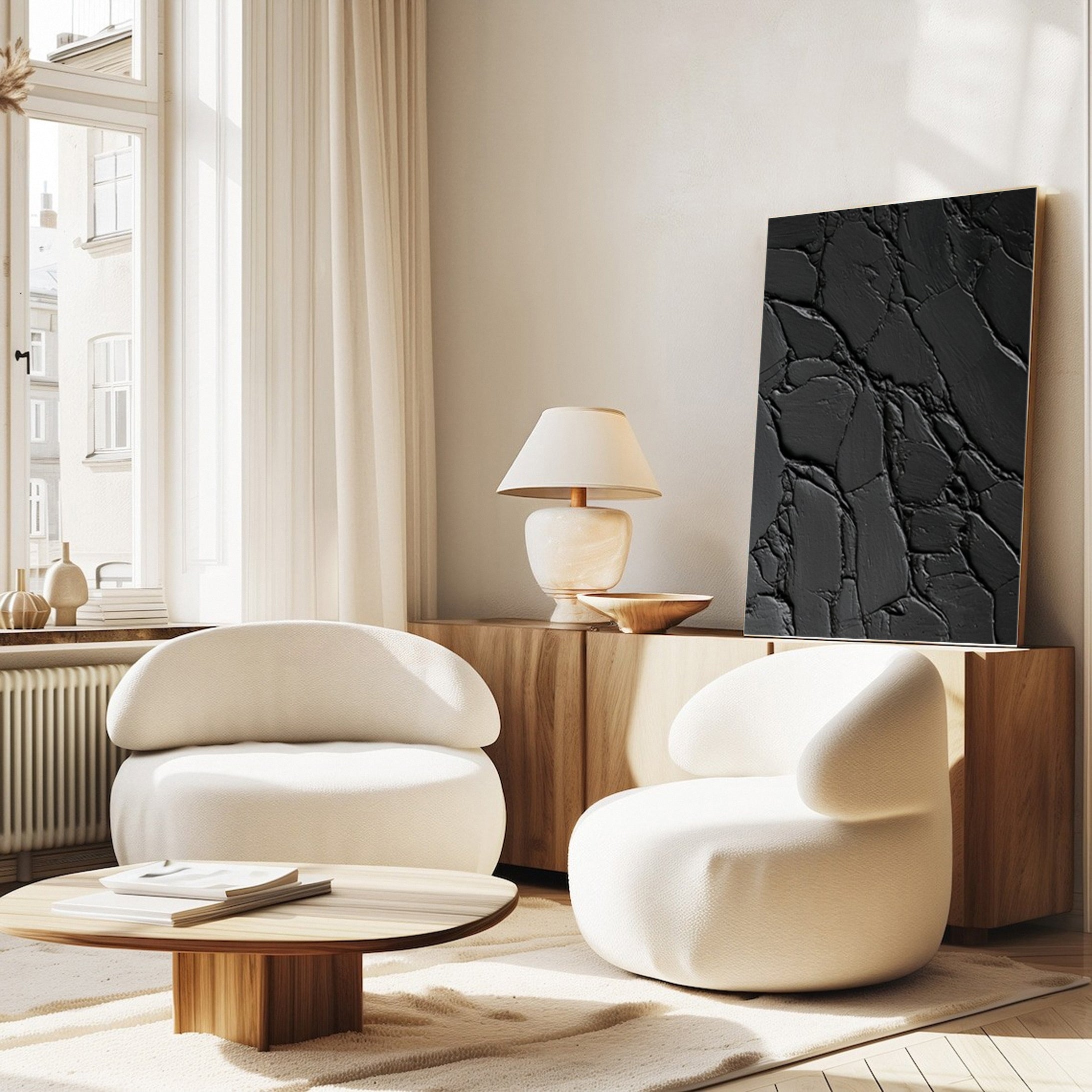 Elegant Black Abstract Sculpture Paintin Textured Canvas Art #BM 075