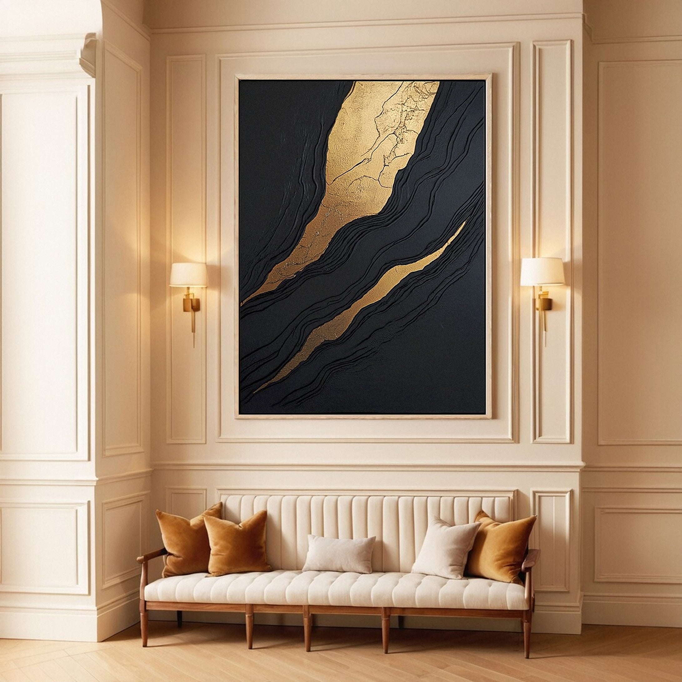 Luxury Waves Black and Gold Abstract Canvas Art #BM 084