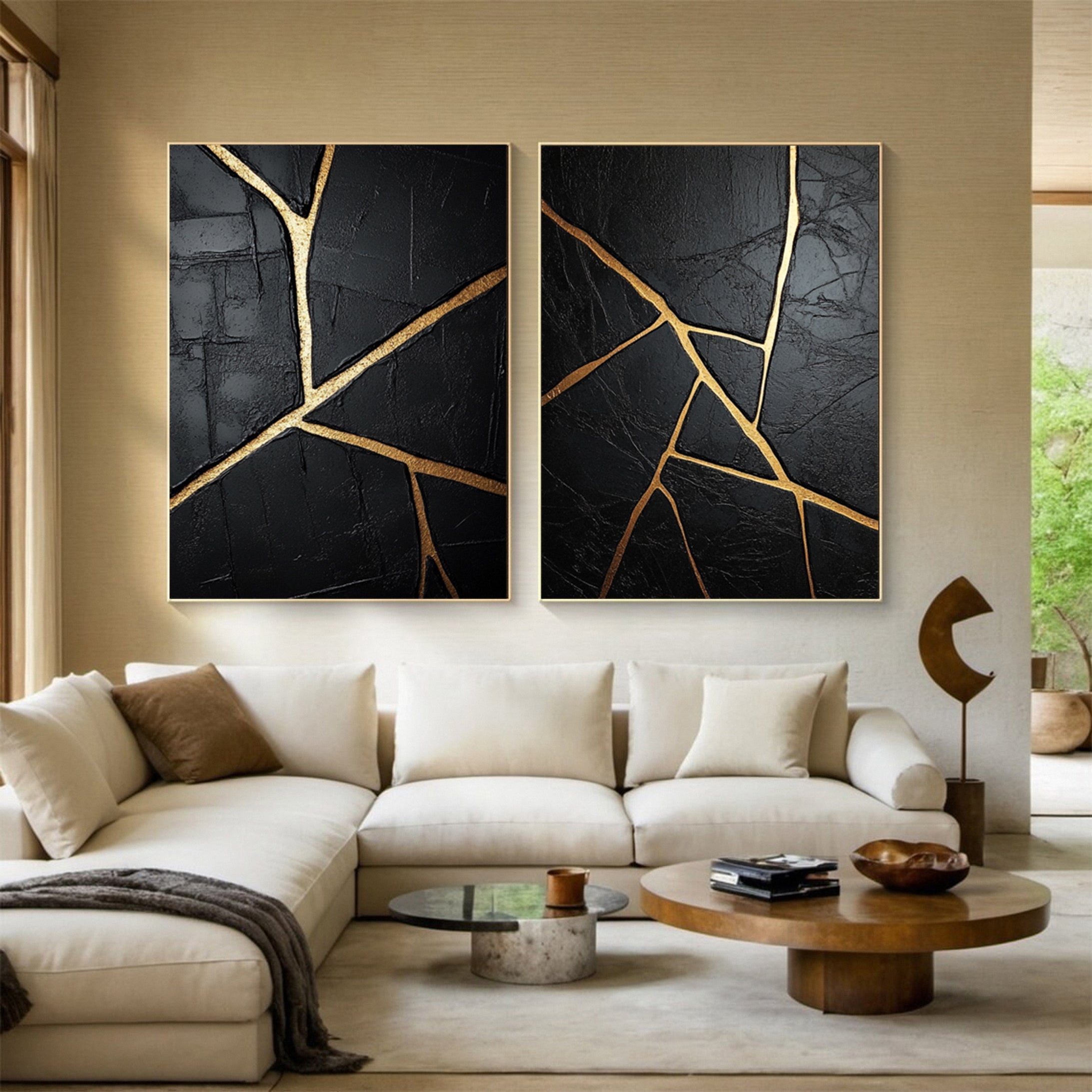 Modern Black and Gold Textured Painting for Elegant Home Interiors Set Of 2 #BMS 003