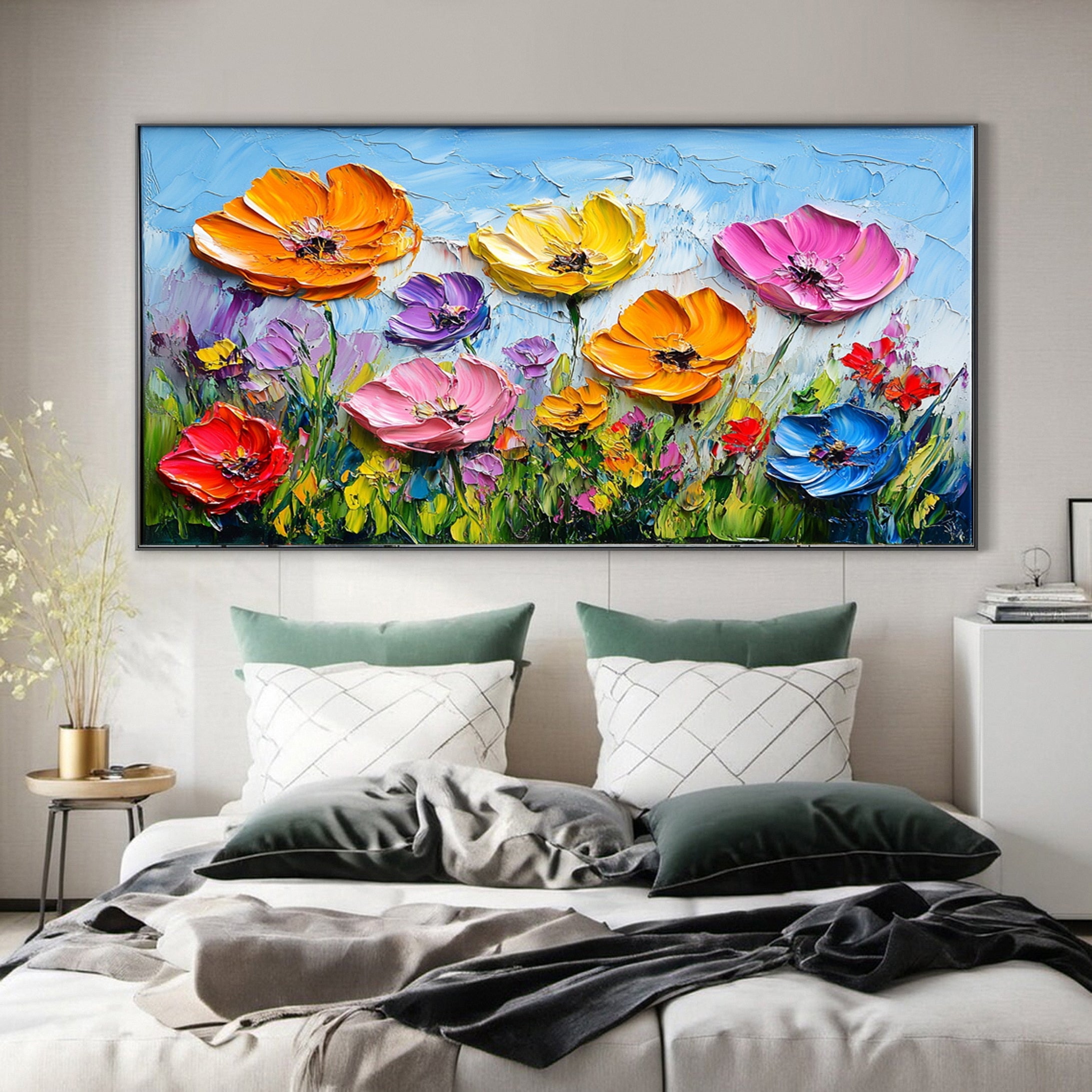 Colorful Lotus Blossom Canvas Art Hand-Painted Floral Wall Decor #FT 049