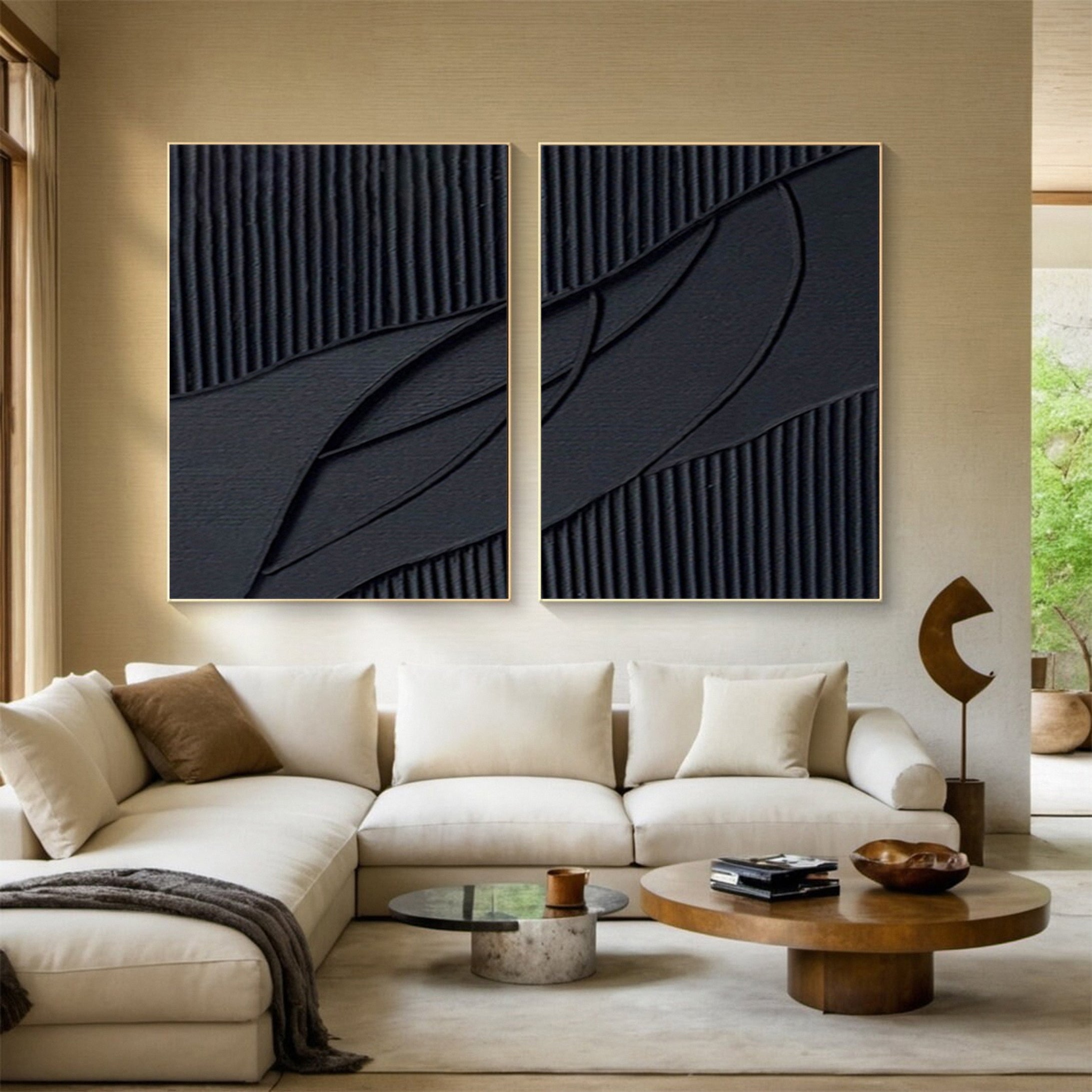 Modern Noir Textured Black Abstract Art Canvas Set Of 2 #BMS 004