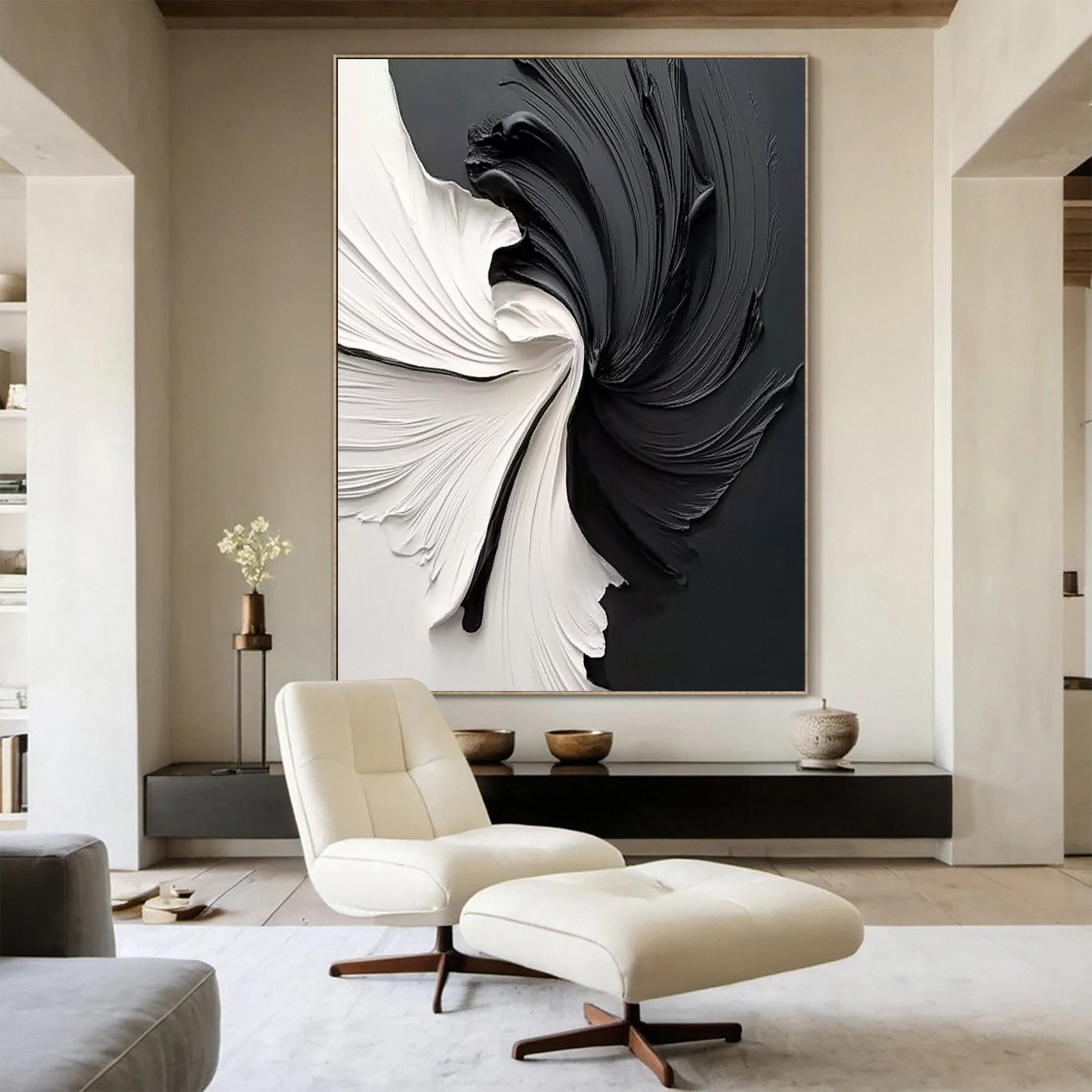 Large Black & White Abstract Textured Canvas Art #BM 091