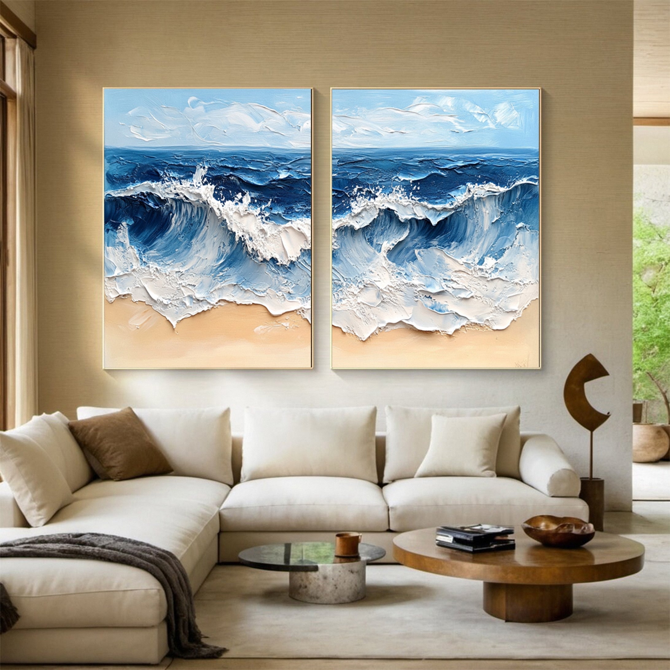 Dynamic Ocean Wave Canvas Art Textured Sea Painting Set Of 2 #OS 076