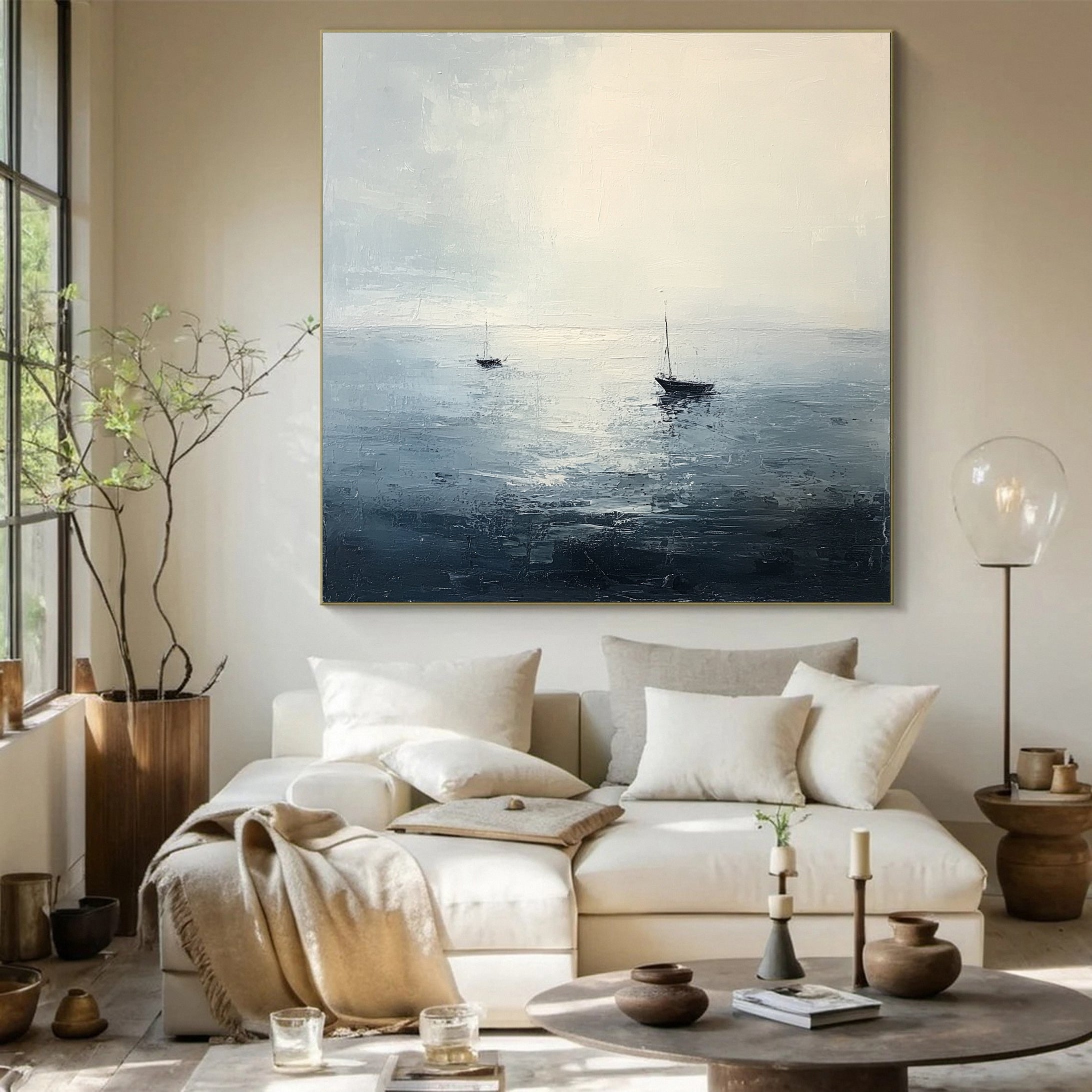 Oceanic Calm Distant Boats Painting for Relaxing Interiors #BBA 040