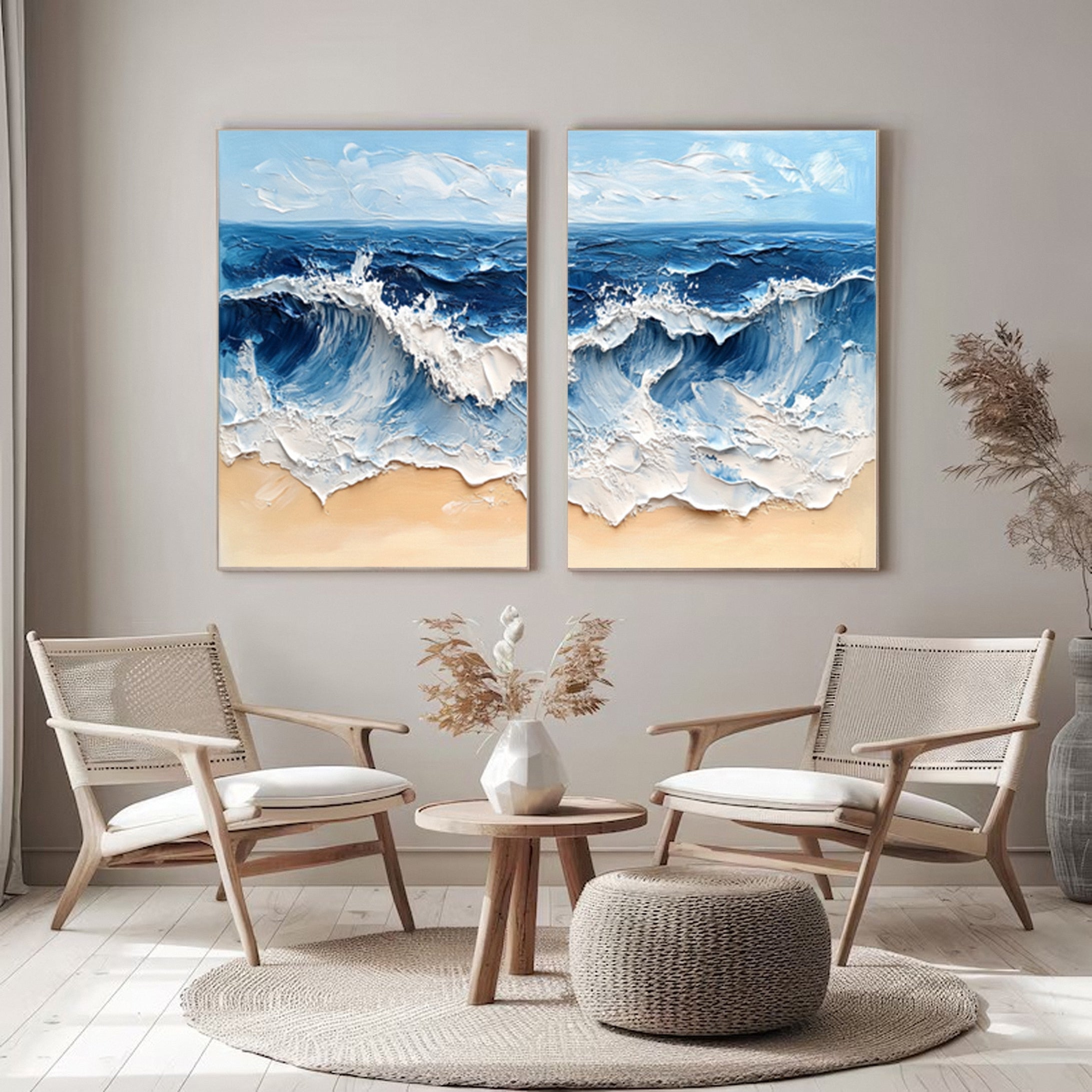 Dynamic Ocean Wave Canvas Art Textured Sea Painting Set Of 2 #OS 076