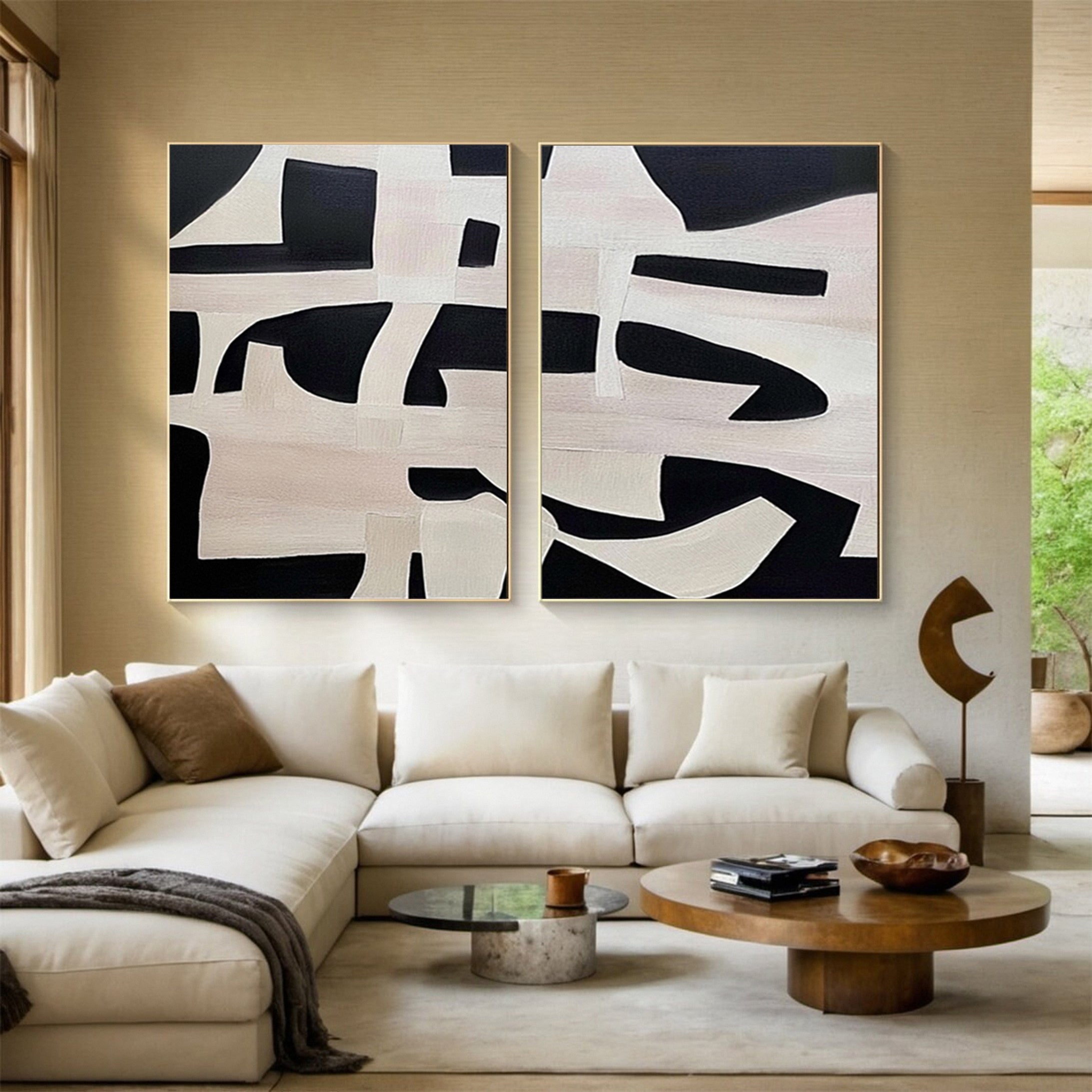 Geometric Symphony Black & White Abstract Canvas Set of 2 #BWA 008