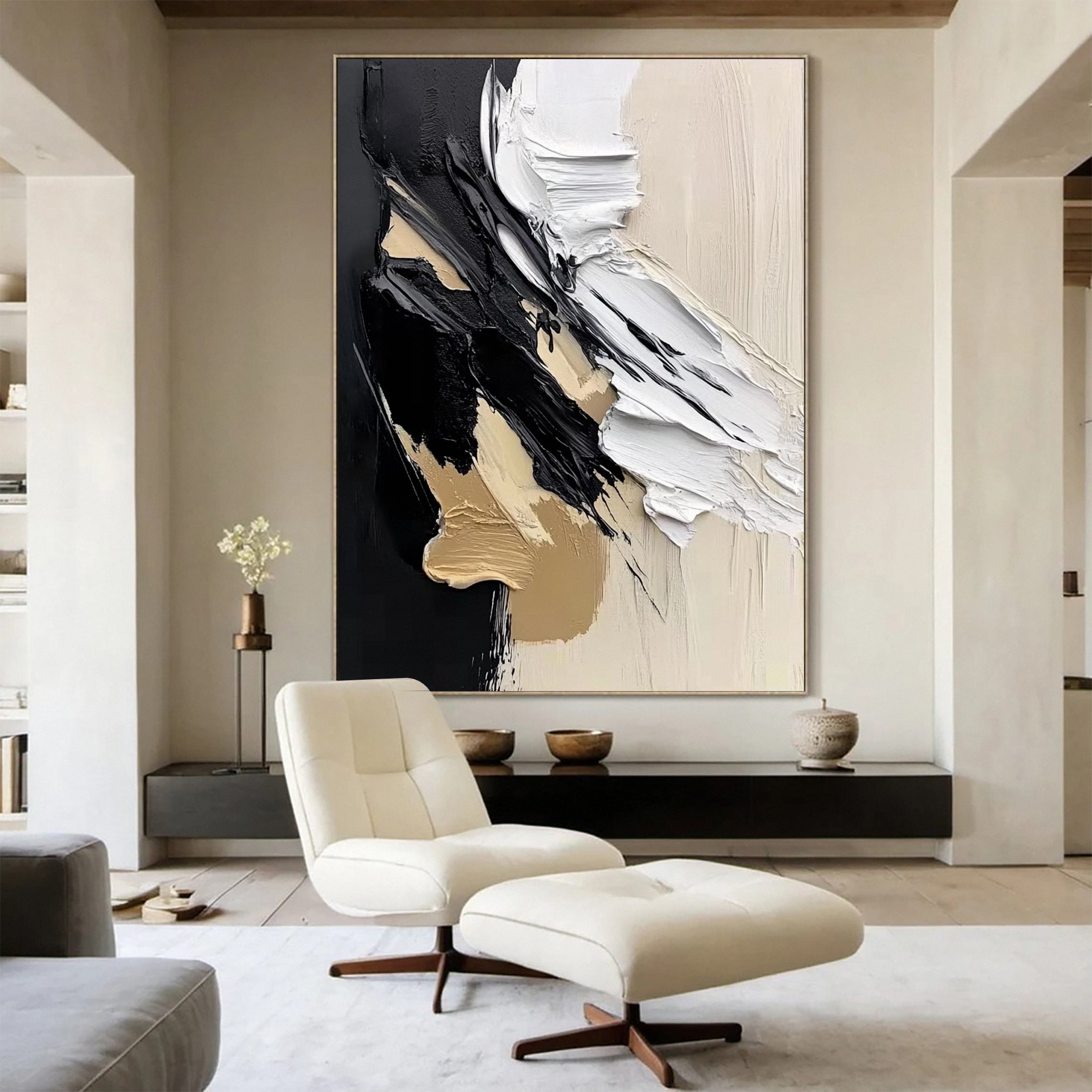 Luxury Abstract Wall Art Chic Black and Gold Brush Strokes #BBM 042