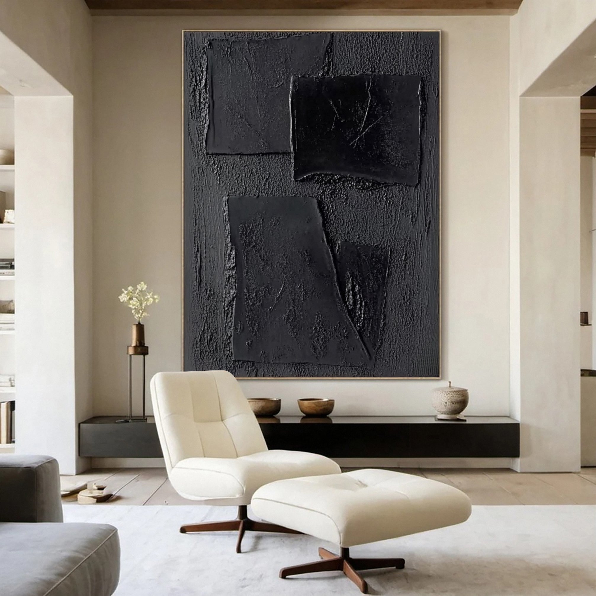 Elegant Black Abstract Sculpture Paintin Textured Canvas Art #BM 073