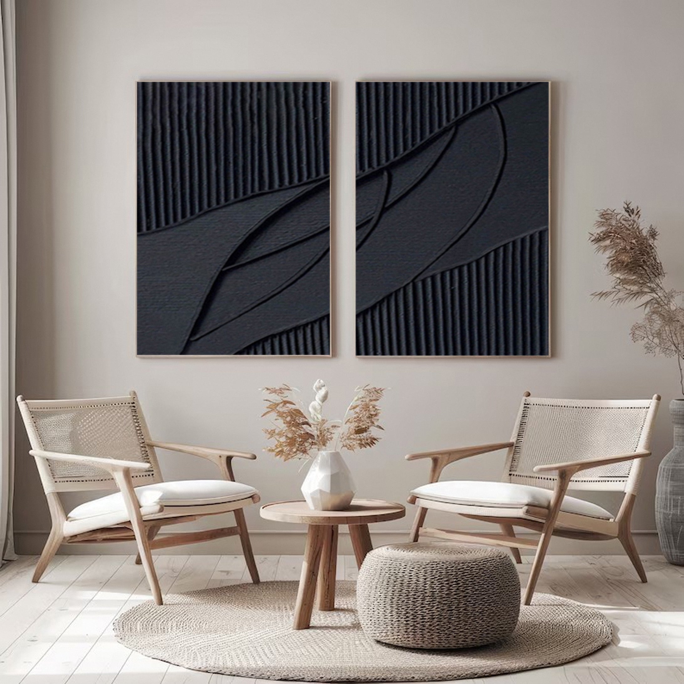 Modern Noir Textured Black Abstract Art Canvas Set Of 2 #BMS 004