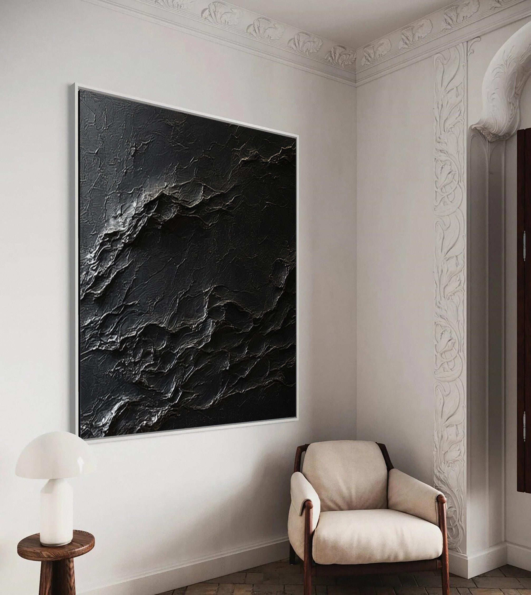 Elegant Black Abstract Sculpture Paintin Textured Canvas Art #BM 074