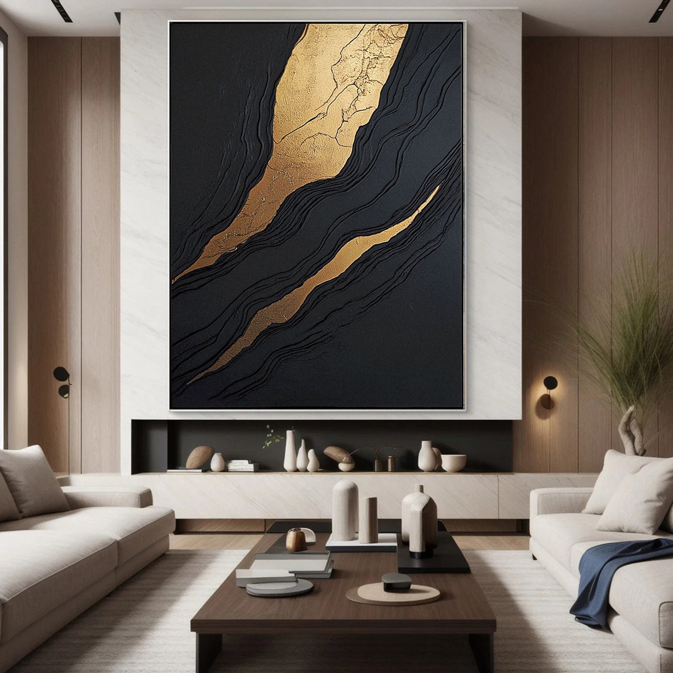 Luxury Waves Black and Gold Abstract Canvas Art #BM 084