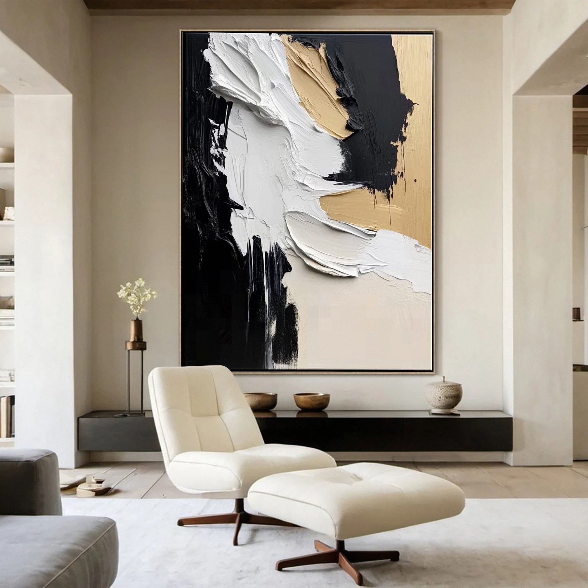 Luxury Abstract Wall Art Chic Black and Gold Brush Strokes #BBM 041