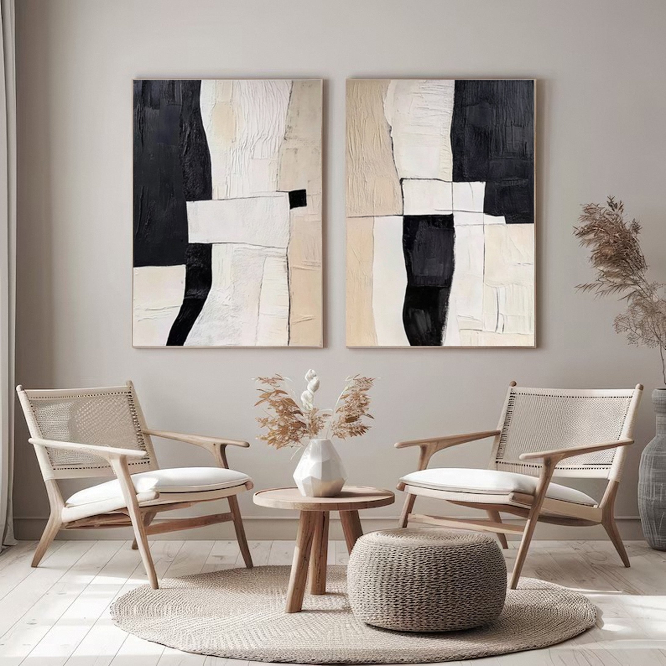 Monochrome Mastery Elegant Black & White Abstract Canvas SET OF 2  #BWA 010