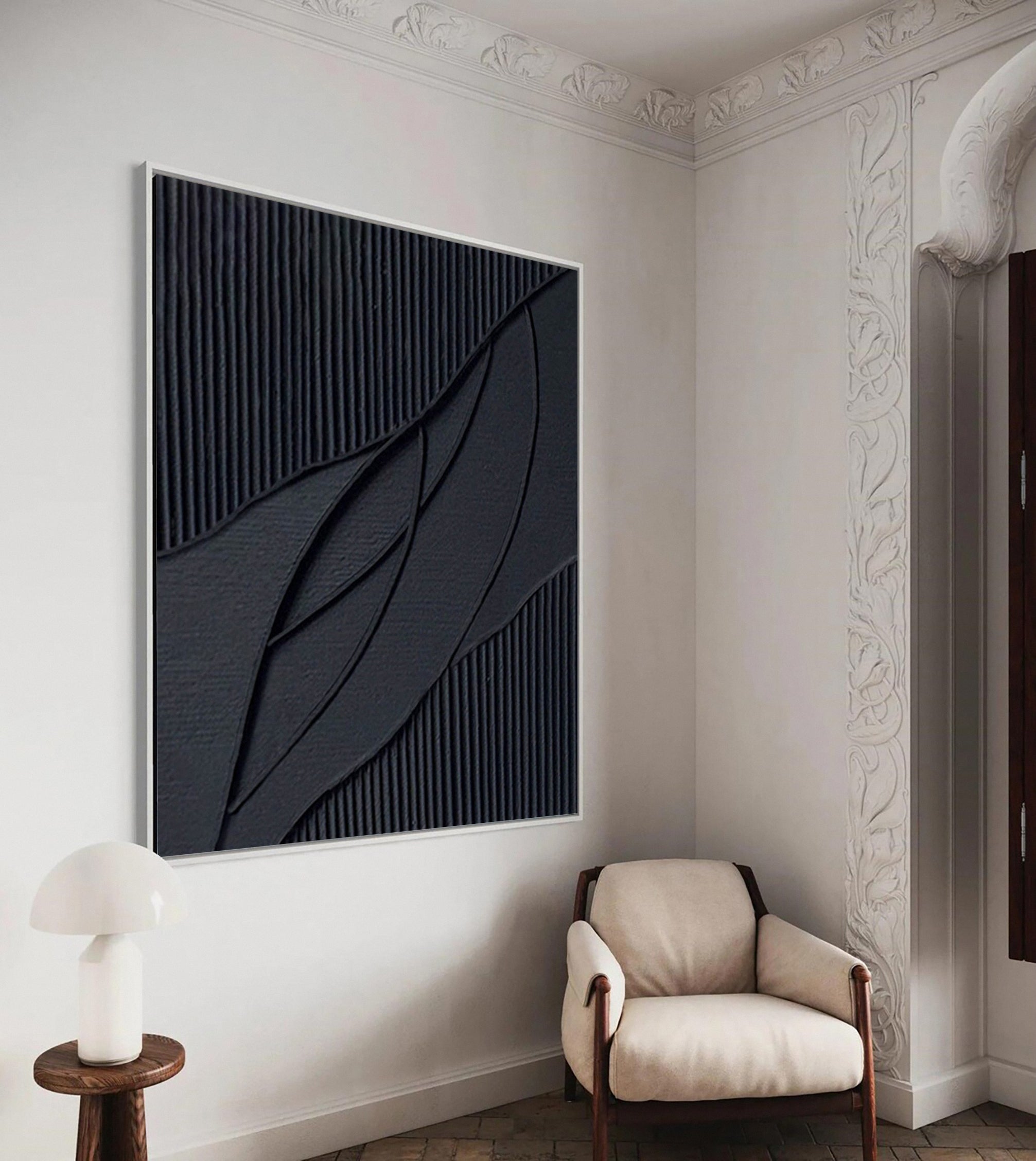 Elegant Black Abstract Sculpture Paintin Textured Canvas Art #BM 070