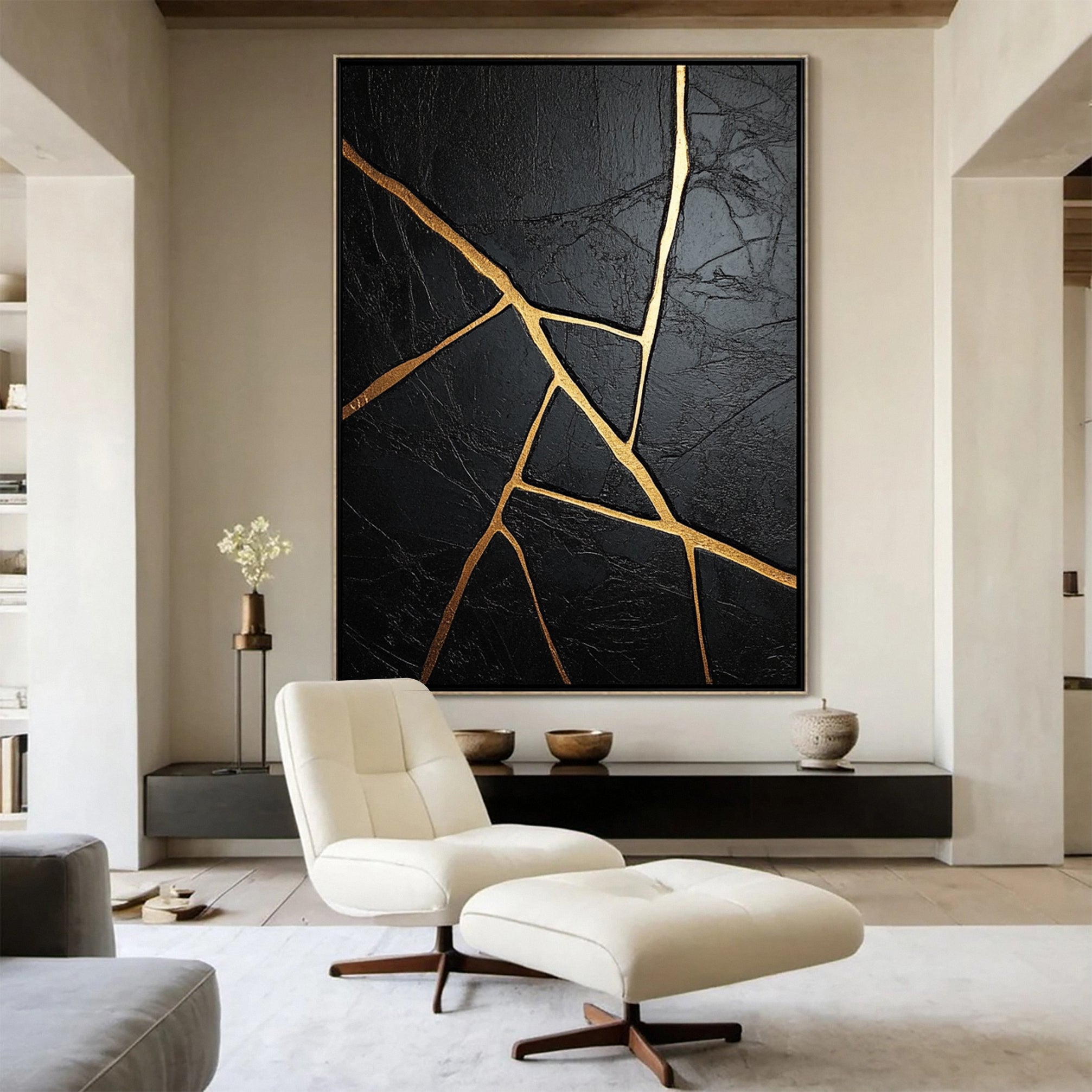 Modern Black and Gold Textured Painting for Elegant Home Interiors #BM 061