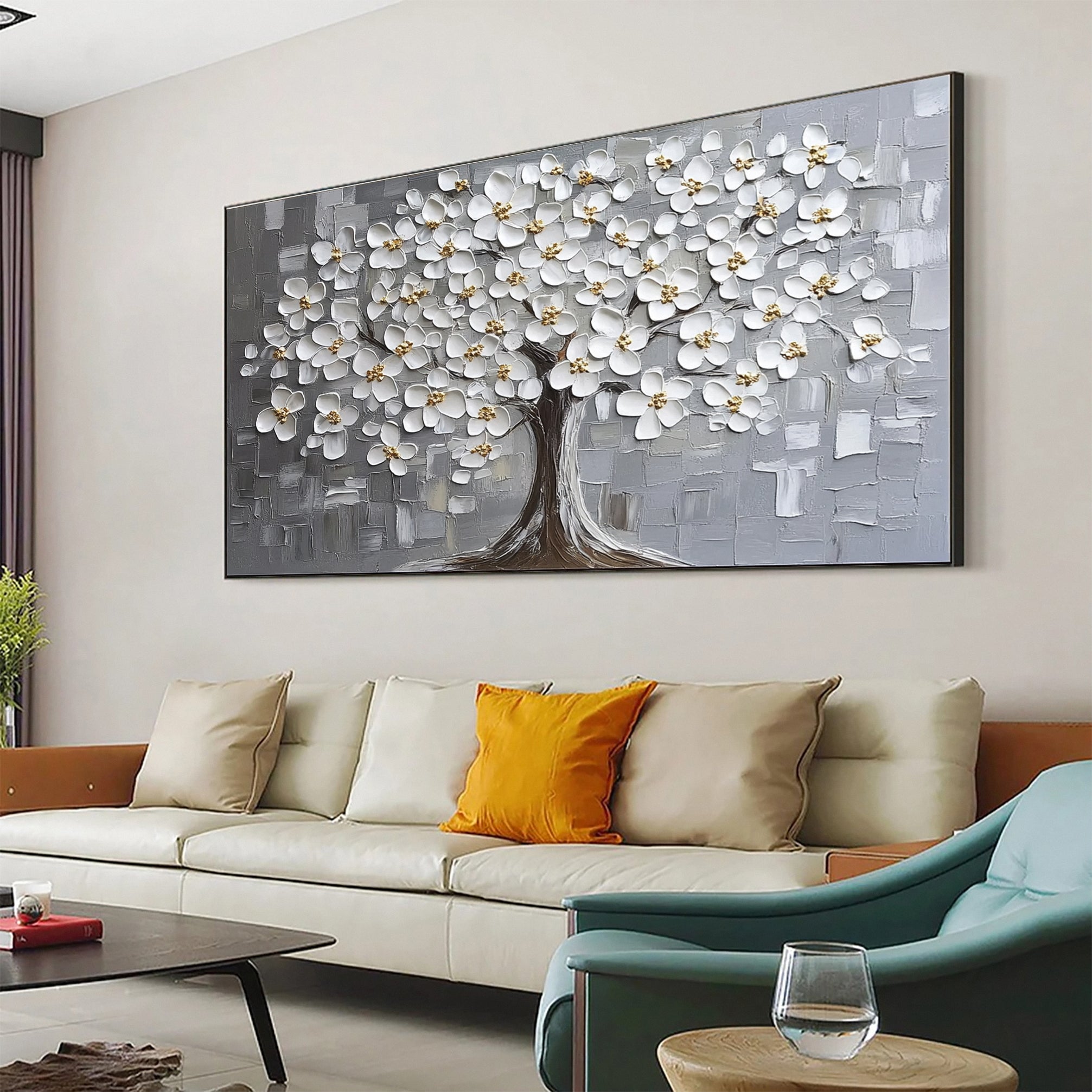 Serene Silver Blossom Tree Artwork - Elegant Living Room Decor #FT 063