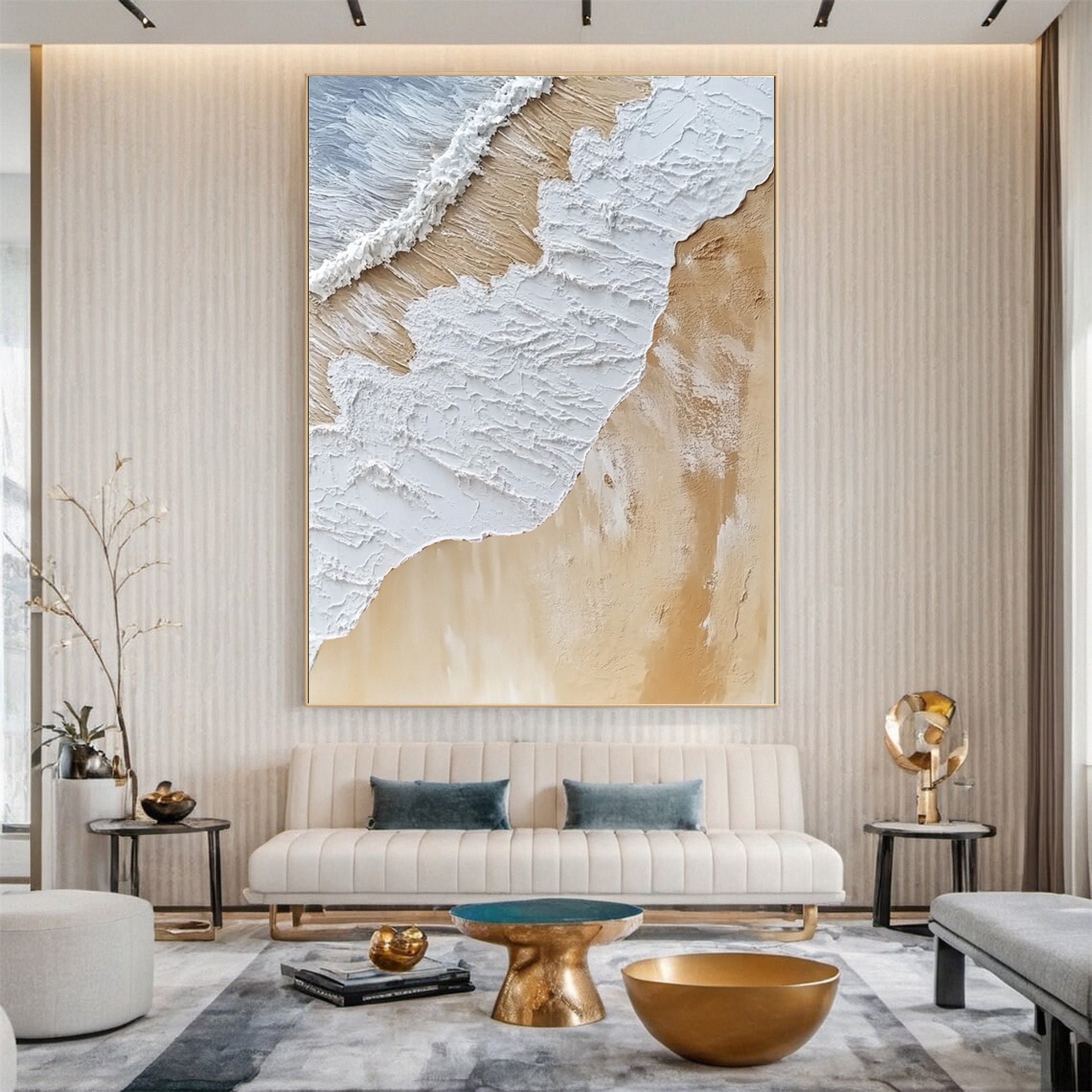 Luxurious Textured Abstract Canvas Art Gold and White Waves #OS 029