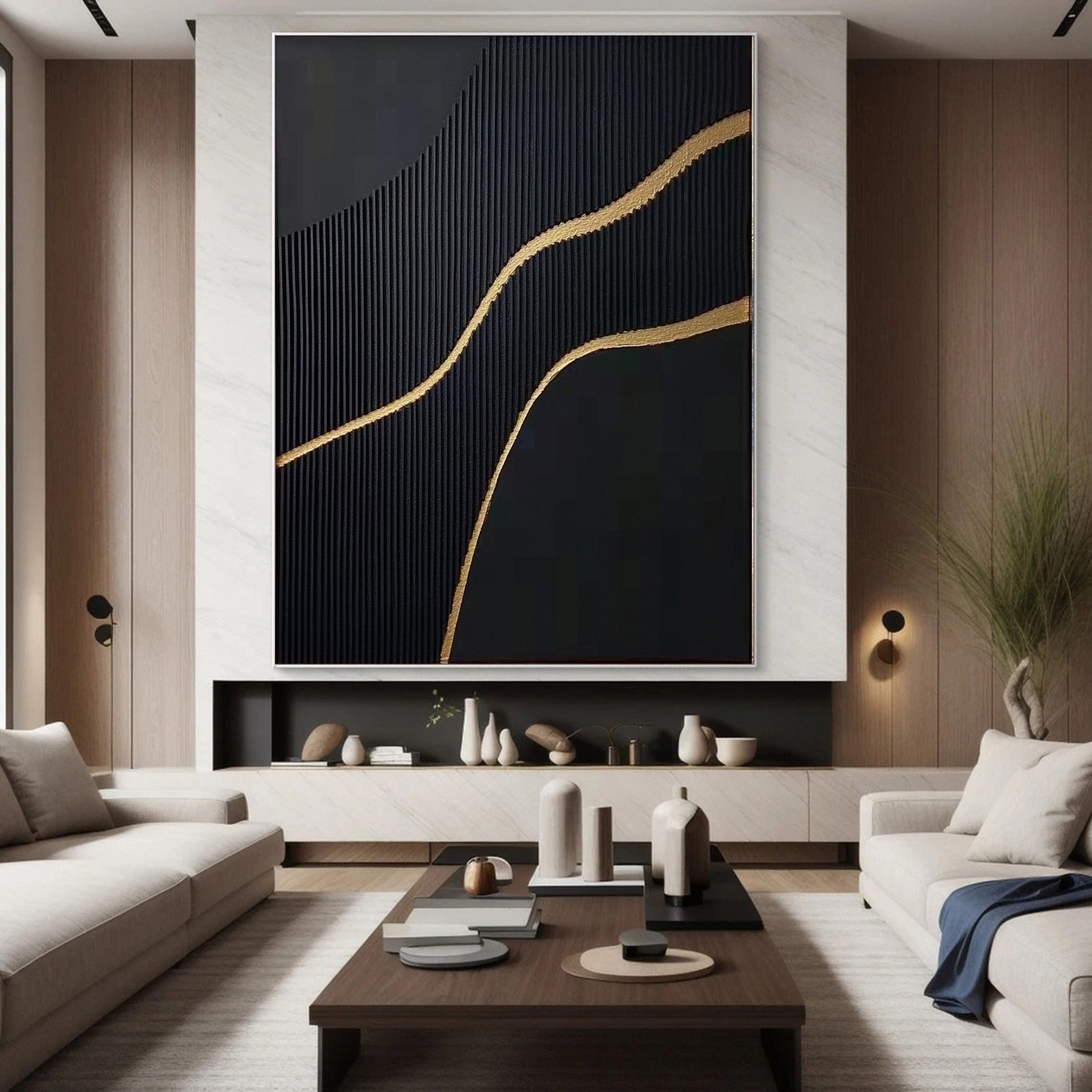 Luxury Waves Black and Gold Abstract Canvas Art #BM 082