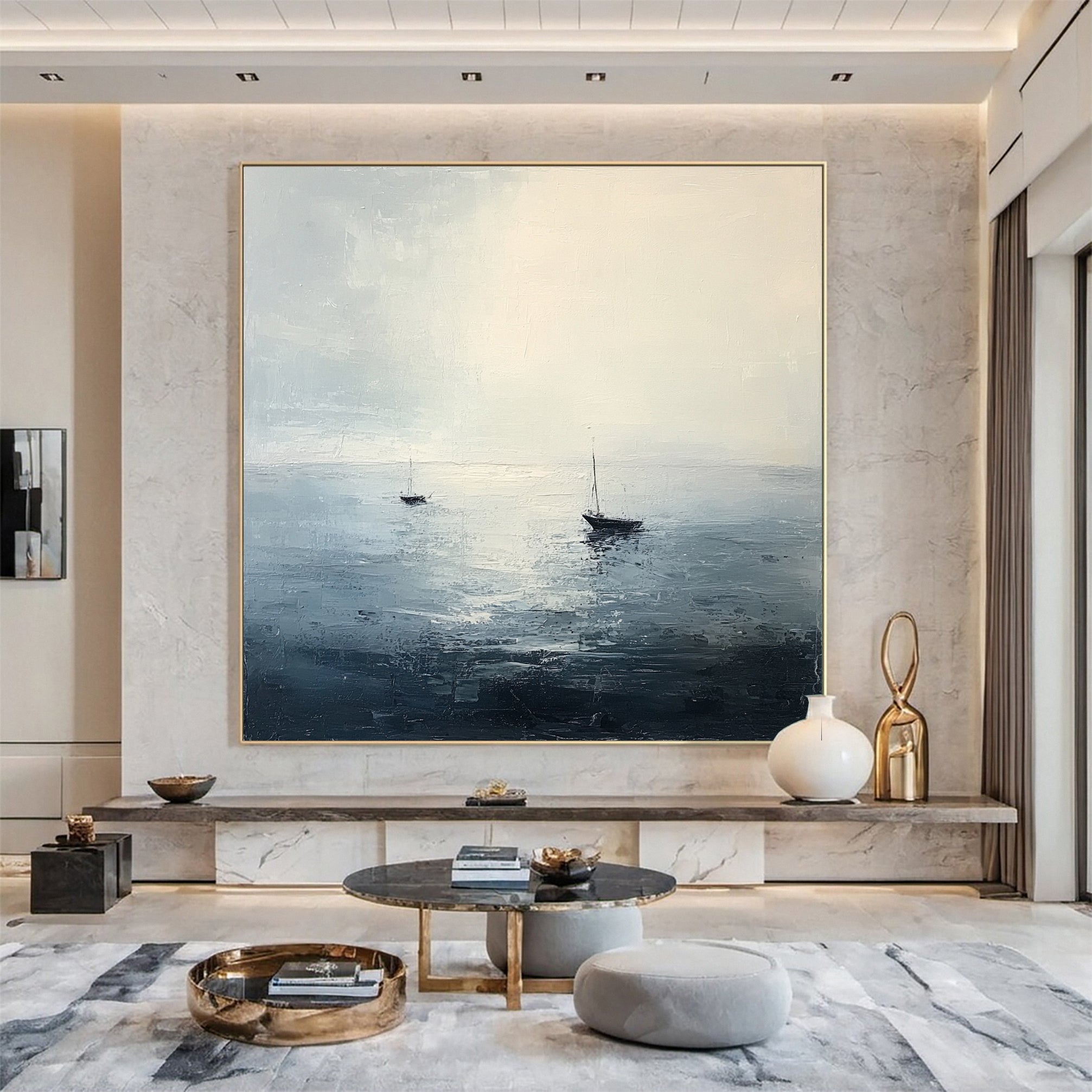 Oceanic Calm Distant Boats Painting for Relaxing Interiors #BBA 040