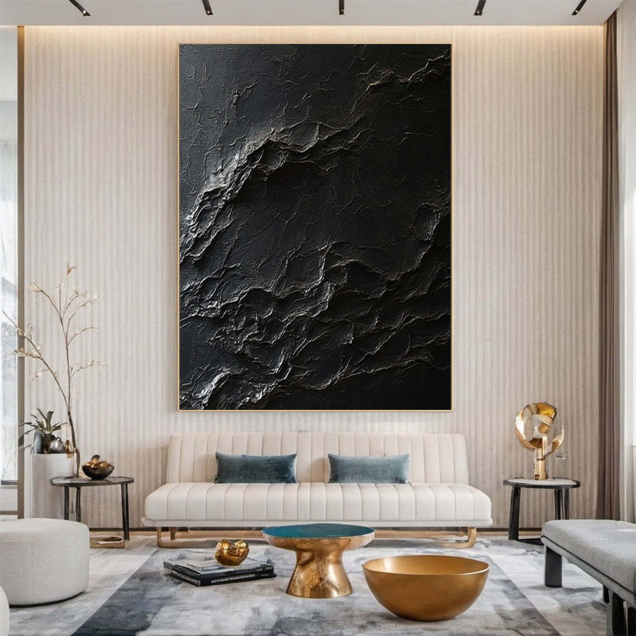 Elegant Black Abstract Sculpture Paintin Textured Canvas Art #BM 074