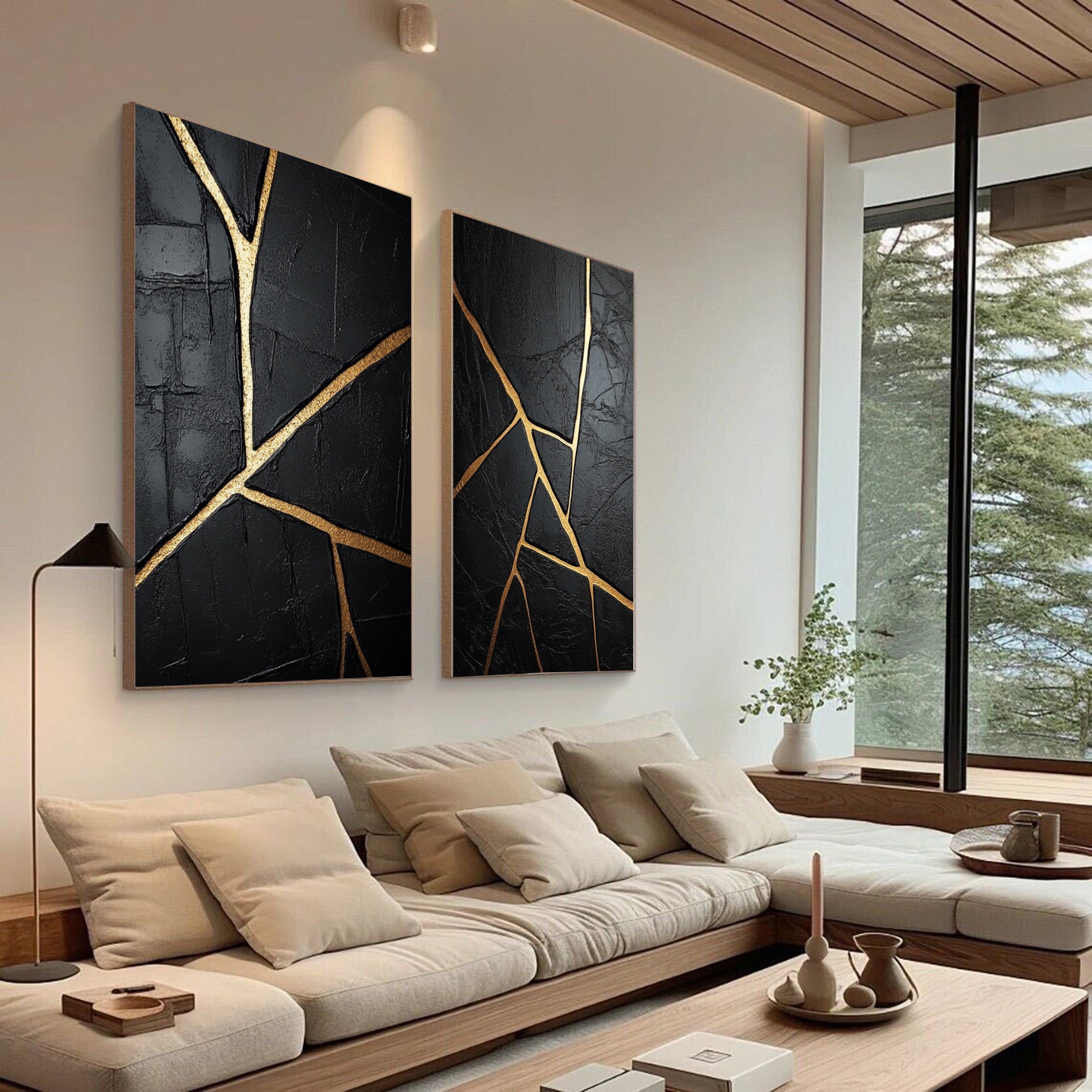 Modern Black and Gold Textured Painting for Elegant Home Interiors Set Of 2 #BMS 003