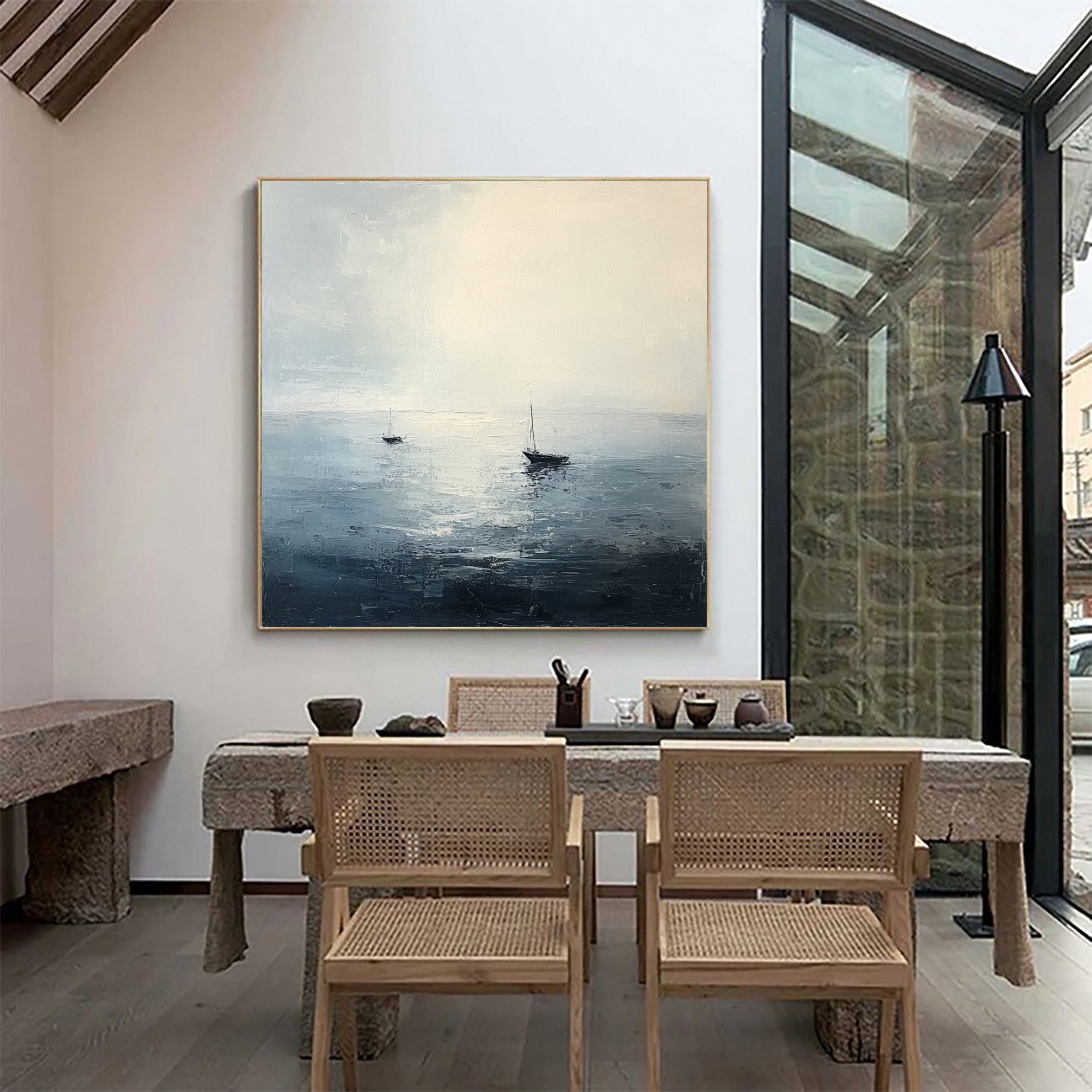 Oceanic Calm Distant Boats Painting for Relaxing Interiors #BBA 040