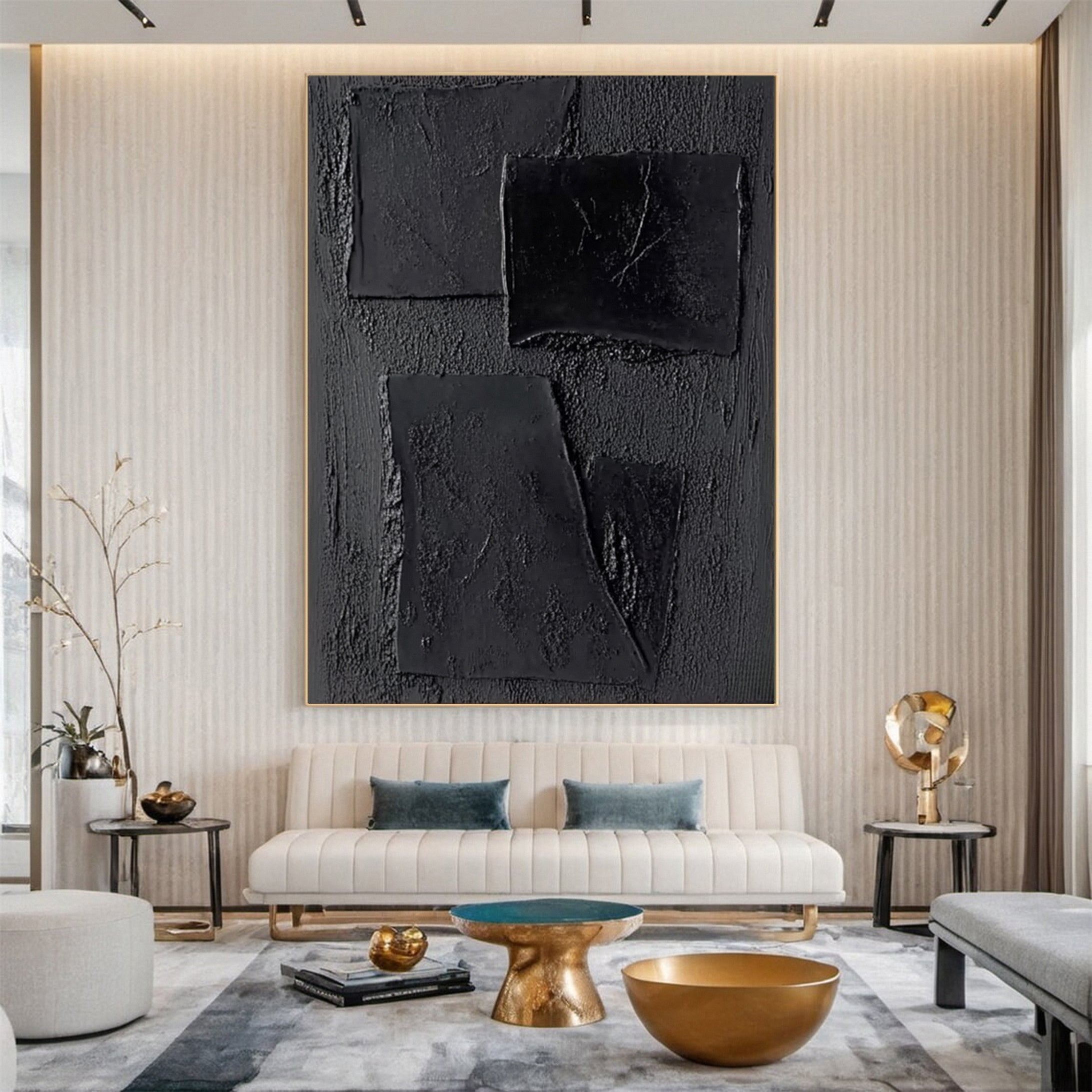 Elegant Black Abstract Sculpture Paintin Textured Canvas Art #BM 073