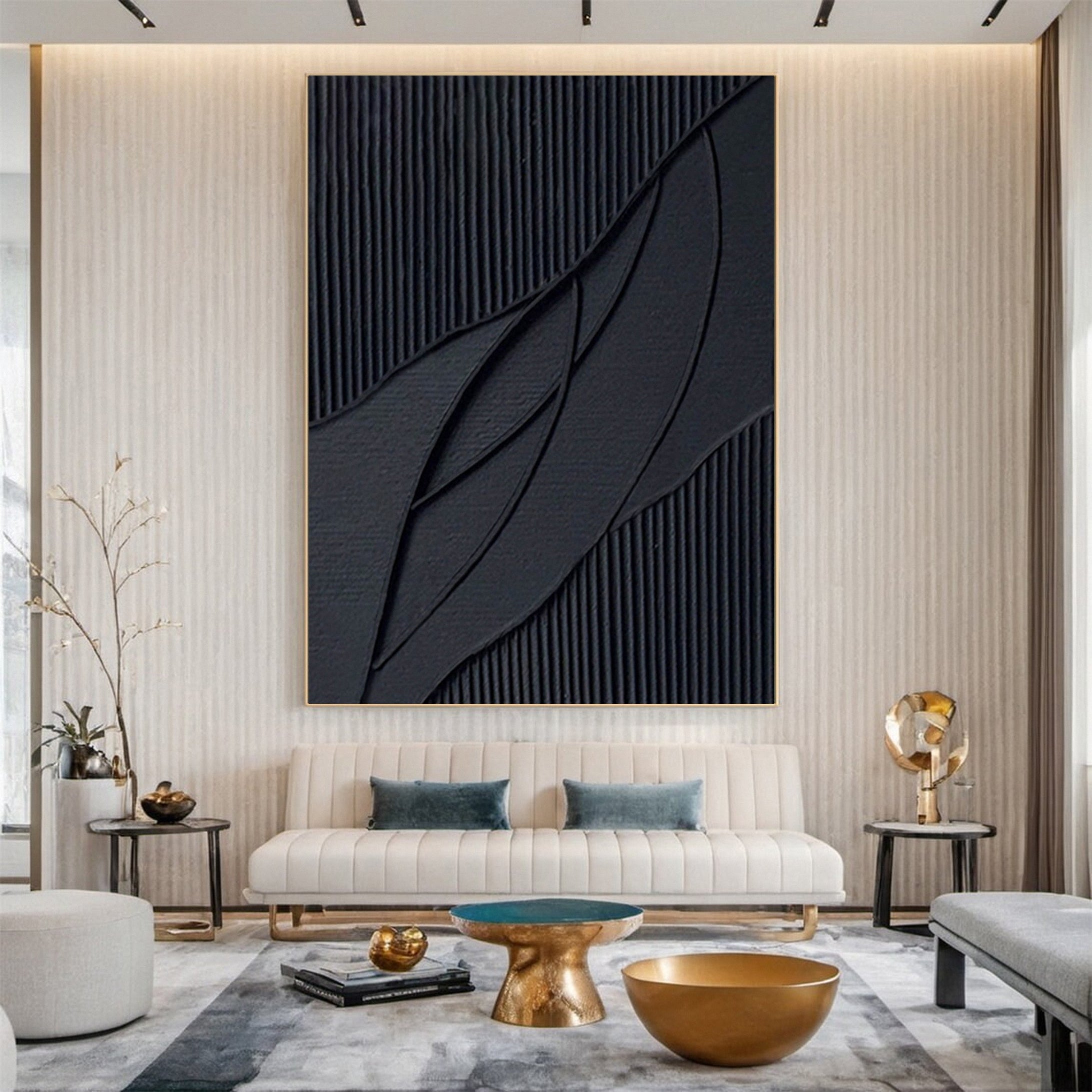 Elegant Black Abstract Sculpture Paintin Textured Canvas Art #BM 070