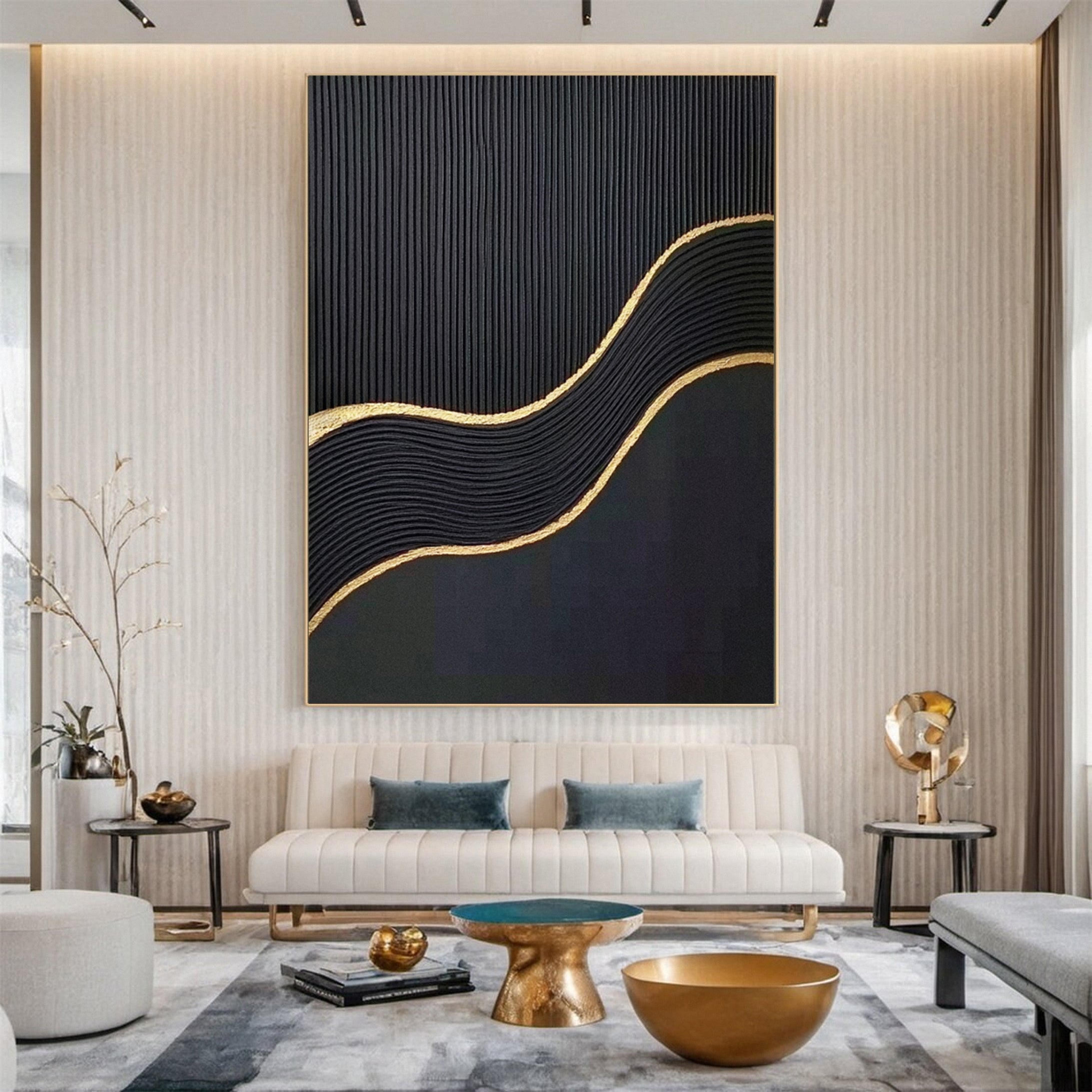 Luxury Waves Black and Gold Abstract Canvas Art #BM 079