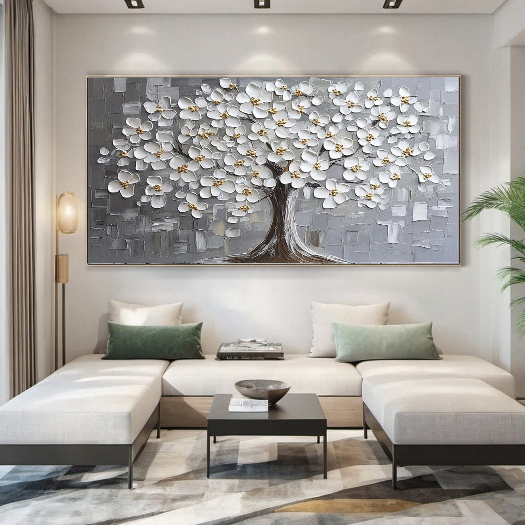 Serene Silver Blossom Tree Artwork - Elegant Living Room Decor #FT 063